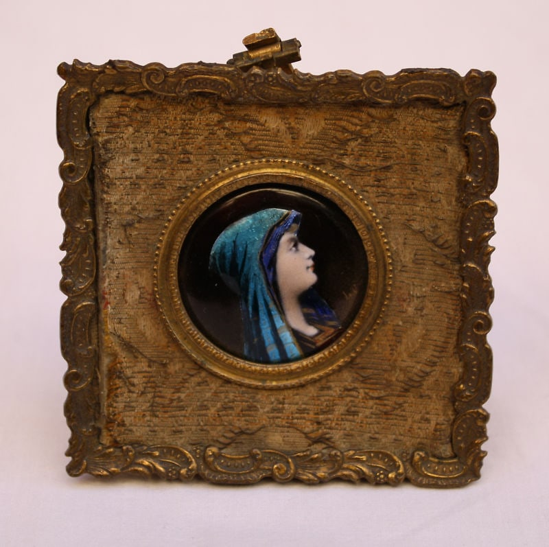 19th Century French Hand Painted Enameled Portrait on Metal Signed L.C: 19th Century French Hand Painted Enameled Portrait on Metal Signed L.C This exquisite 19th-century French hand-painted enameled artwork features a charming portrait of a young girl adorned with a blue