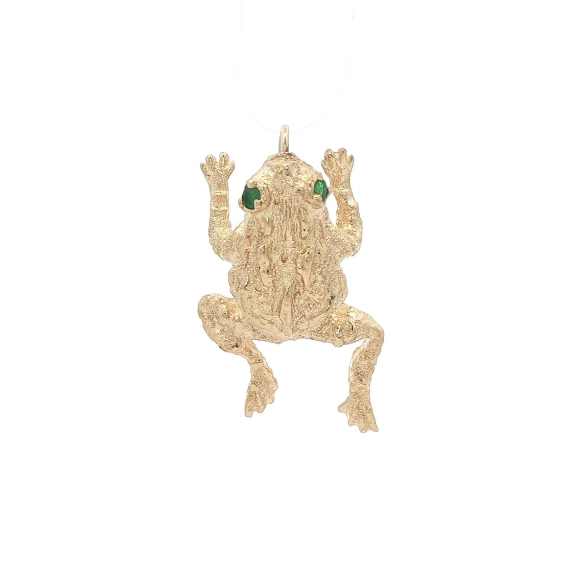 Vintage 14k Yellow Gold Emerald Frog Pendant Charm: Vintage 14k Yellow Gold Emerald Frog Pendant Charm This stunning vintage pendant charm features a unique jumping frog design, elegantly crafted in solid 14k yellow gold. The charm is adorned with two