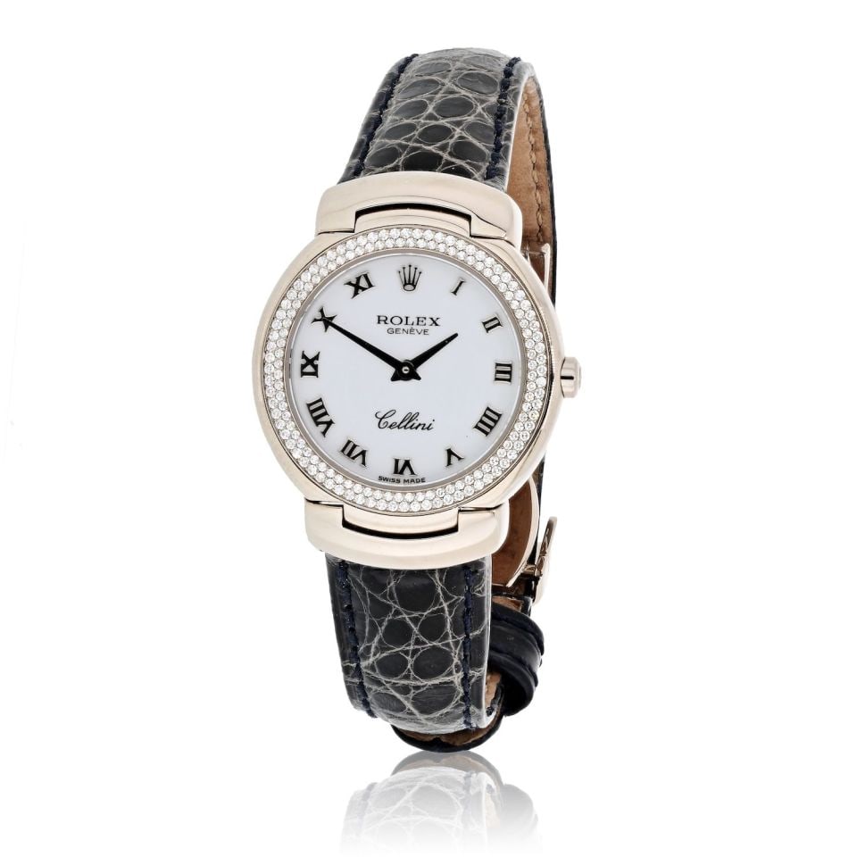 Rolex Cellini 18K White Gold Diamond Bezel 26mm Vintage Watch: Rolex Cellini 18K White Gold Diamond Bezel 26mm Vintage Watch This exquisite Rolex Cellini watch is a vintage piece crafted from 18K white gold, featuring a stunning 26mm dial adorned with a diamond b