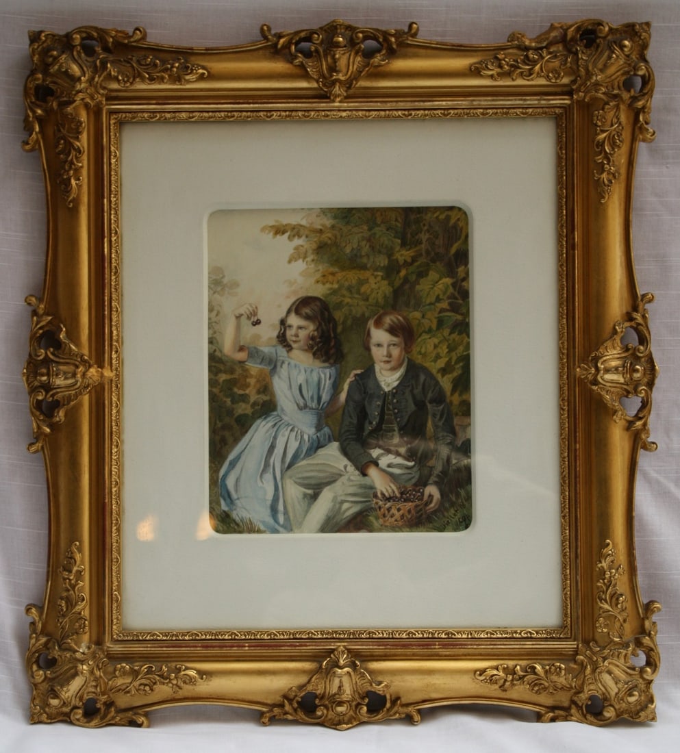 19th Century Watercolor by Johann Friedrich Dietler Portrait of Two Children: 19th Century Watercolor by Johann Friedrich Dietler Portrait of Two Children Discover a magnificent original 19th-century watercolor painting by the Swiss listed artist Johann Friedrich Dietler (1804-