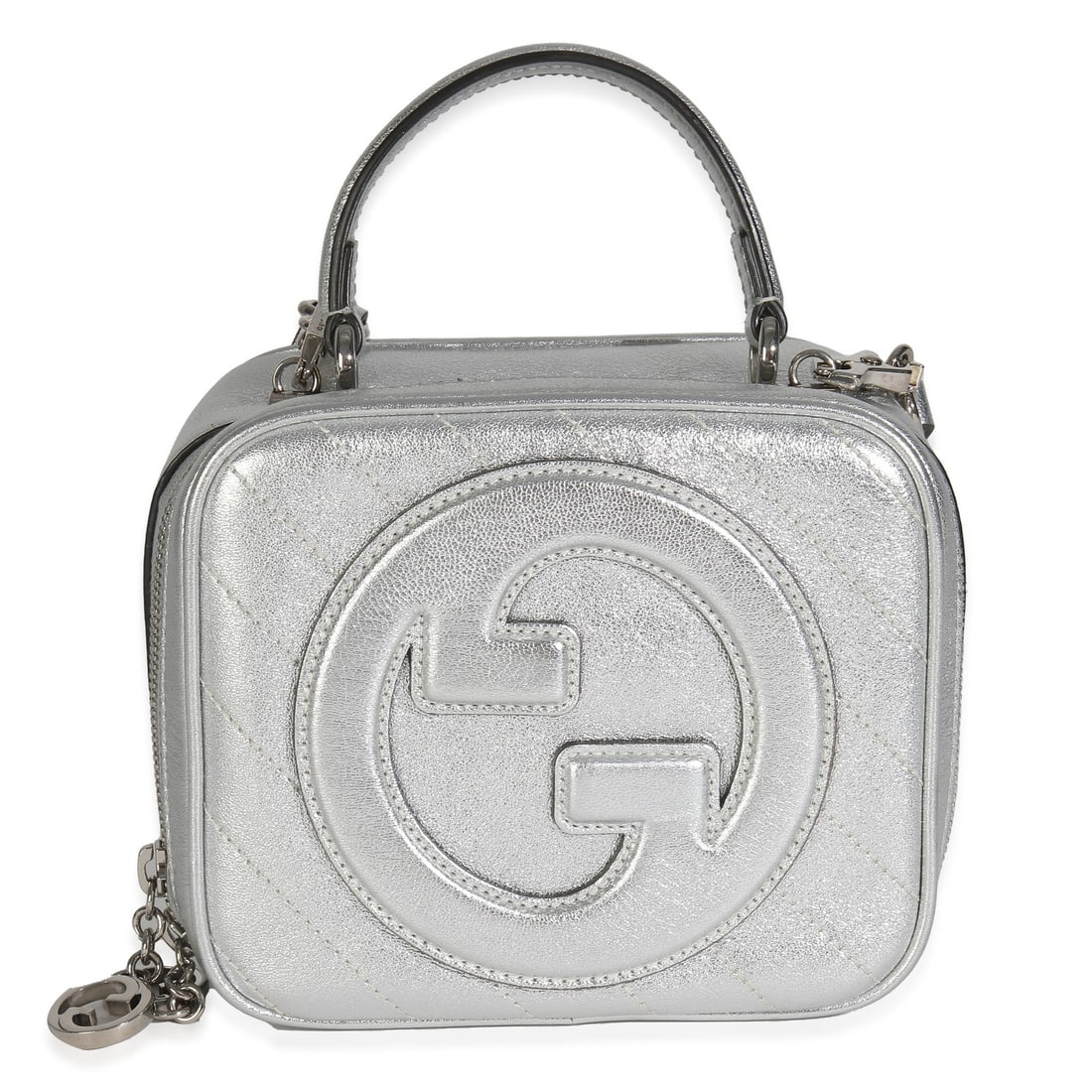 Gucci Blondie Top Handle Bag Silver Calfskin with Removable Straps: Gucci Blondie Top Handle Bag Silver Calfskin with Removable Straps Elevate your accessory collection with the Gucci Silver Metallic Sakai Be Green Calfskin Diagonal Stitched Blondie Top Handle Bag. Cr