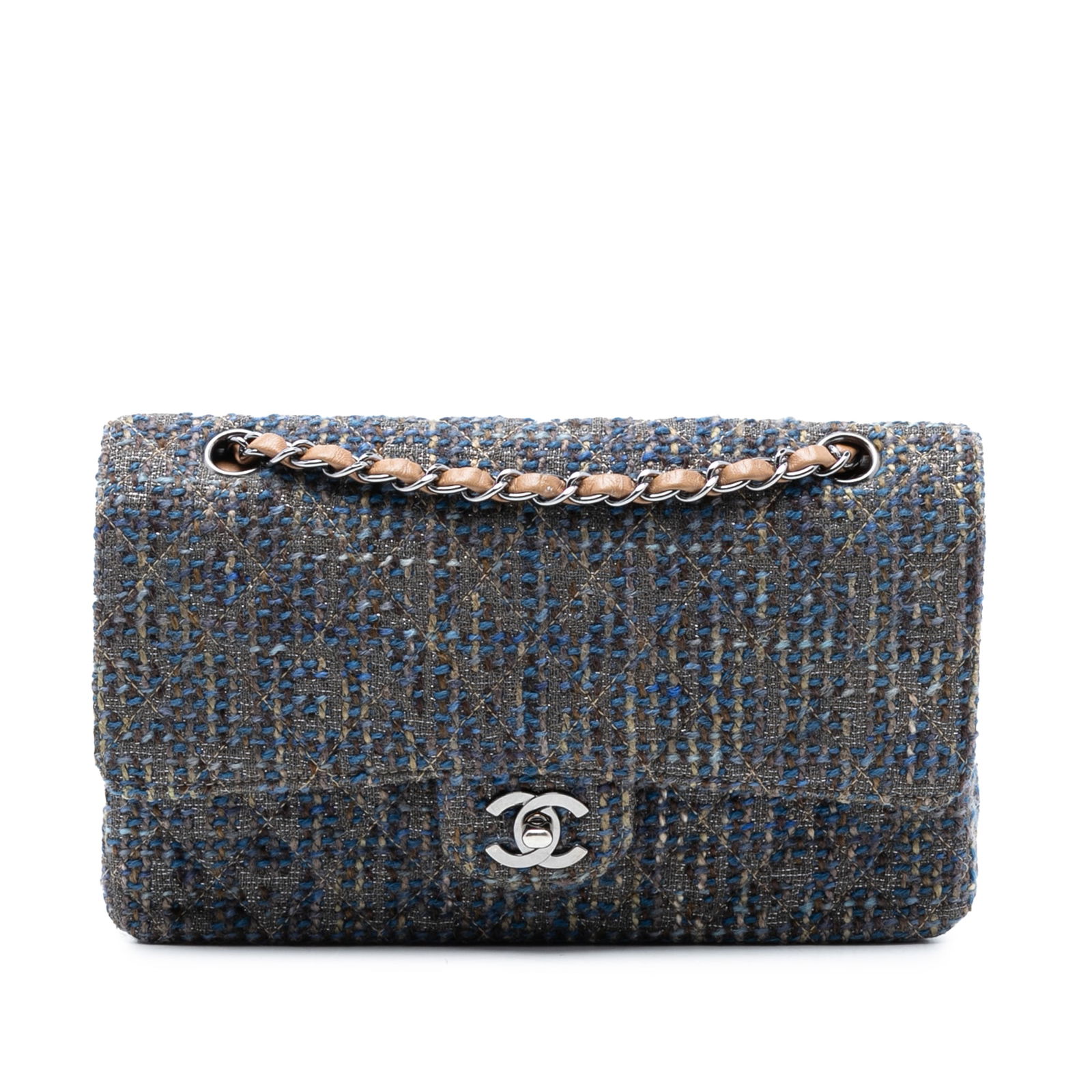 Blue Tweed Quilted Shoulder Bag Chanel Medium Classic Double Flap: Blue Tweed Quilted Shoulder Bag Chanel Medium Classic Double Flap This Chanel Medium Classic Tweed Double Flap shoulder bag features a quilted tweed body with leather woven chain-link shoulder straps.