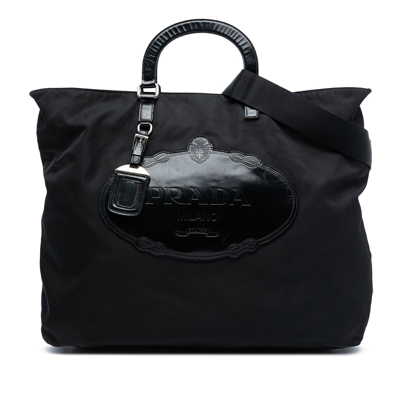 Prada Tessuto Canapa Black Logo Fabric Satchel with Leather Handles: Prada Tessuto Canapa Black Logo Fabric Satchel with Leather Handles This Prada Tessuto Canapa Logo Satchel features a black nylon fabric body with rolled leather handles and a detachable flat strap. T