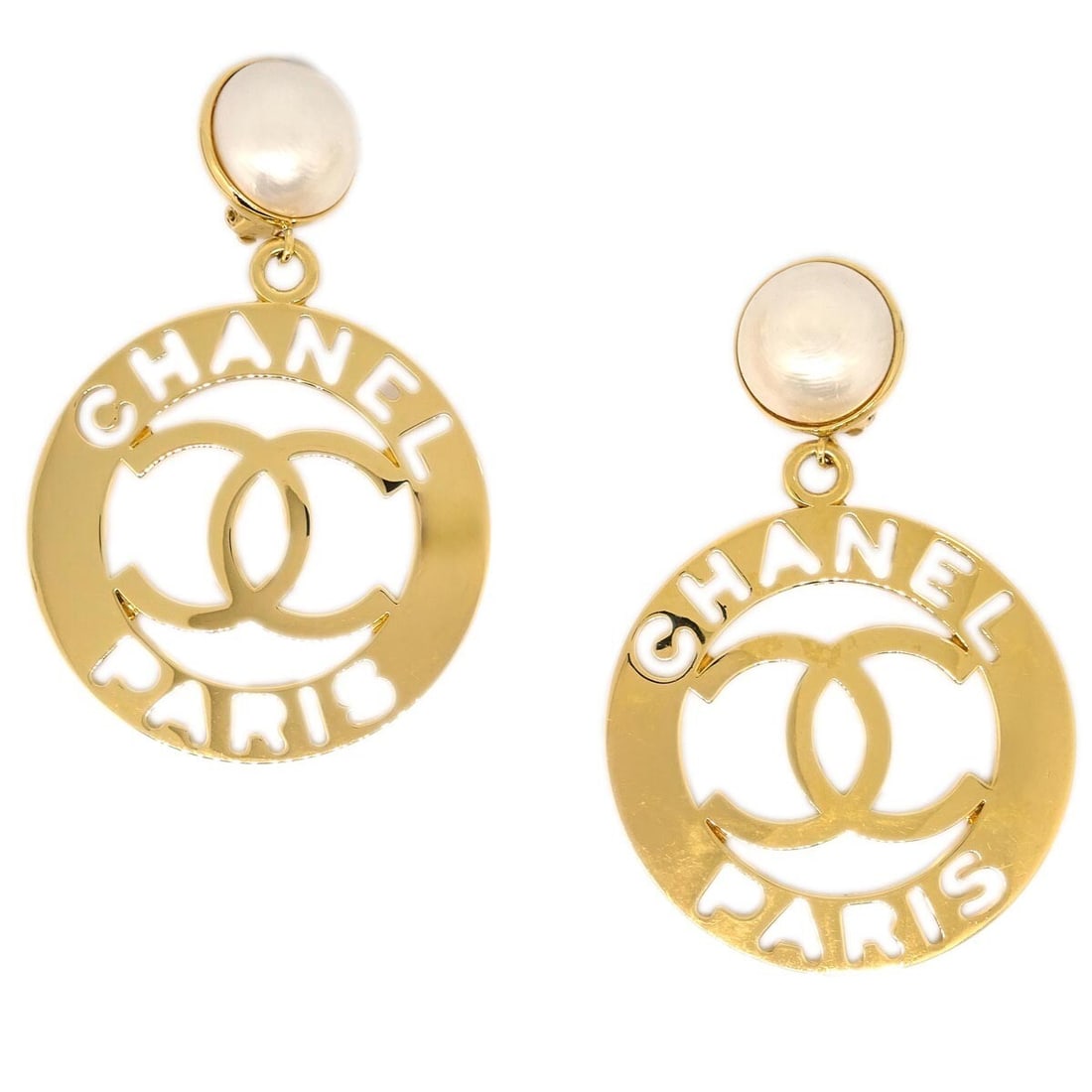 Chanel Gold Clip-On Dangle Hoop Earrings with Artificial Pearl: Chanel Gold Clip-On Dangle Hoop Earrings with Artificial Pearl These elegant Chanel dangle hoop earrings feature a clip-on closure and are adorned with artificial pearls. The gold-tone finish adds a l