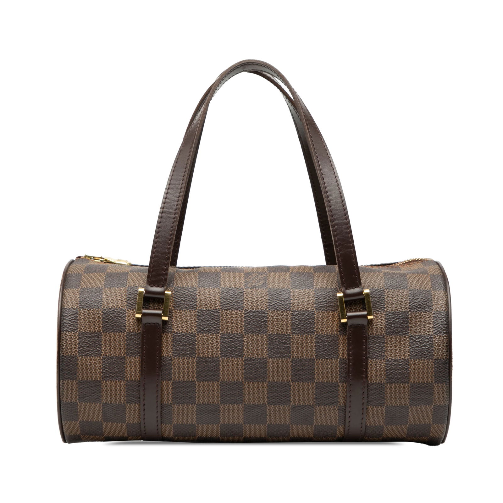 Louis Vuitton Papillon 26 Handbag in Damier Ebene Canvas with Leather Trim: Louis Vuitton Papillon 26 Handbag in Damier Ebene Canvas with Leather Trim The Louis Vuitton Damier Ebene Papillon 26 features a brown Damier Ebene canvas body with leather trim, flat leather handles,