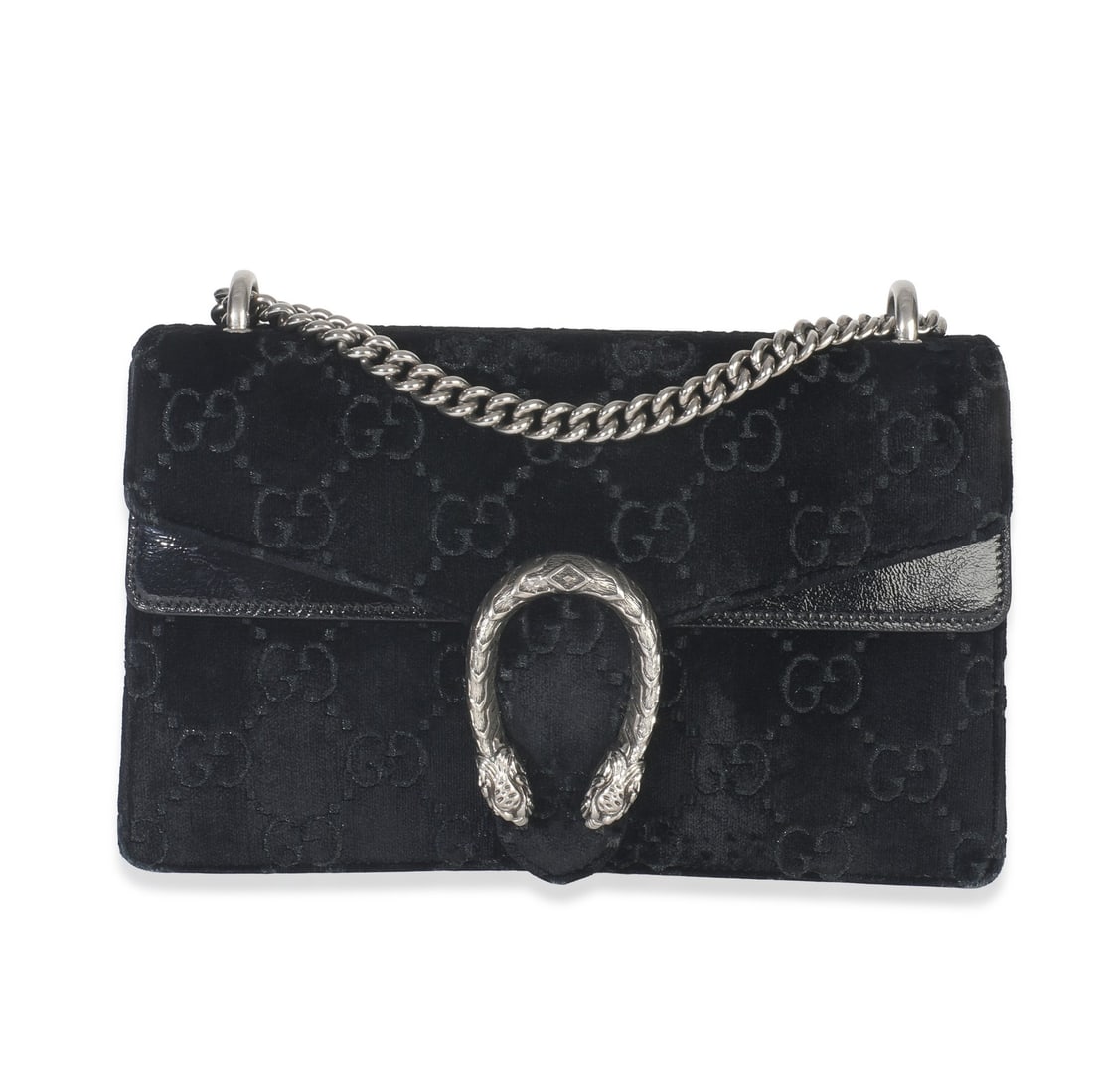 Small Dionysus Chain Shoulder Bag in Black GG Velvet by Gucci: Small Dionysus Chain Shoulder Bag in Black GG Velvet by Gucci This Gucci Small Dionysus Chain Bag features a black GG-embossed velvet exterior and silver-tone hardware. The bag has a push lock closure