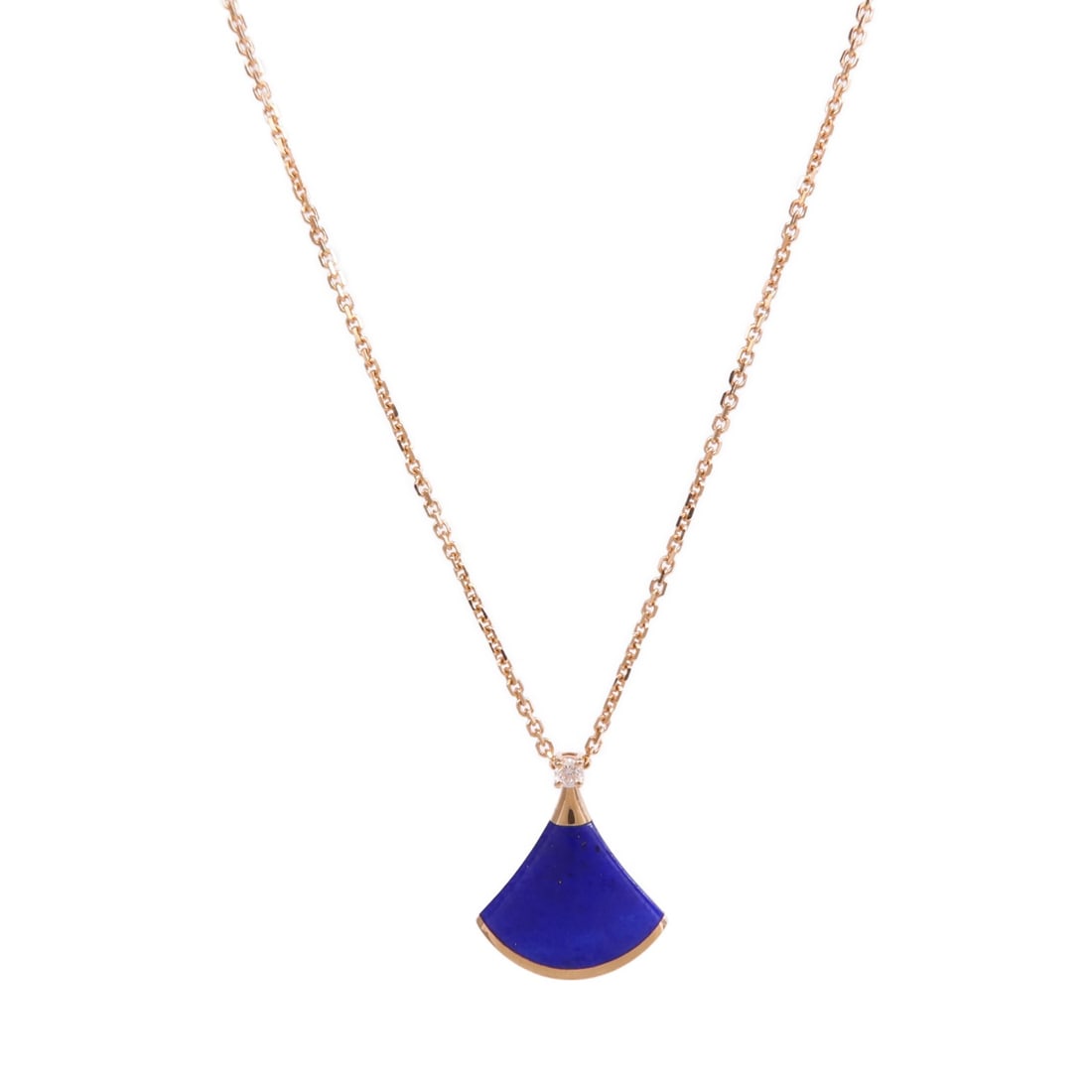 Divas' Dream Necklace in 18K Pink Gold with Lapis and Diamond Accents: Divas' Dream Necklace in 18K Pink Gold with Lapis and Diamond Accents This BVLGARI Divas' Dream necklace features a pendant crafted from 18K pink (rose) gold, adorned with lapis and diamond accents. M