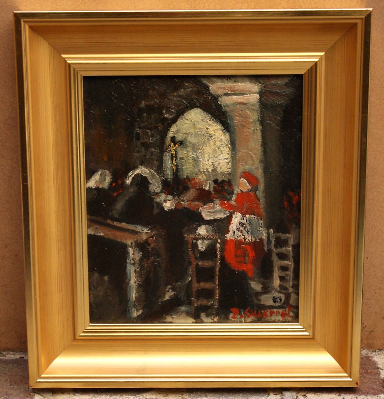 1940s Impressionist Oil Painting of Cardinal in Church by P. Gilleran: 1940s Impressionist Oil Painting of Cardinal in Church by P. Gilleran This stunning oil on board painting from the 1940s features a Cardinal in a Church, showcasing exquisite detail and design. The ar