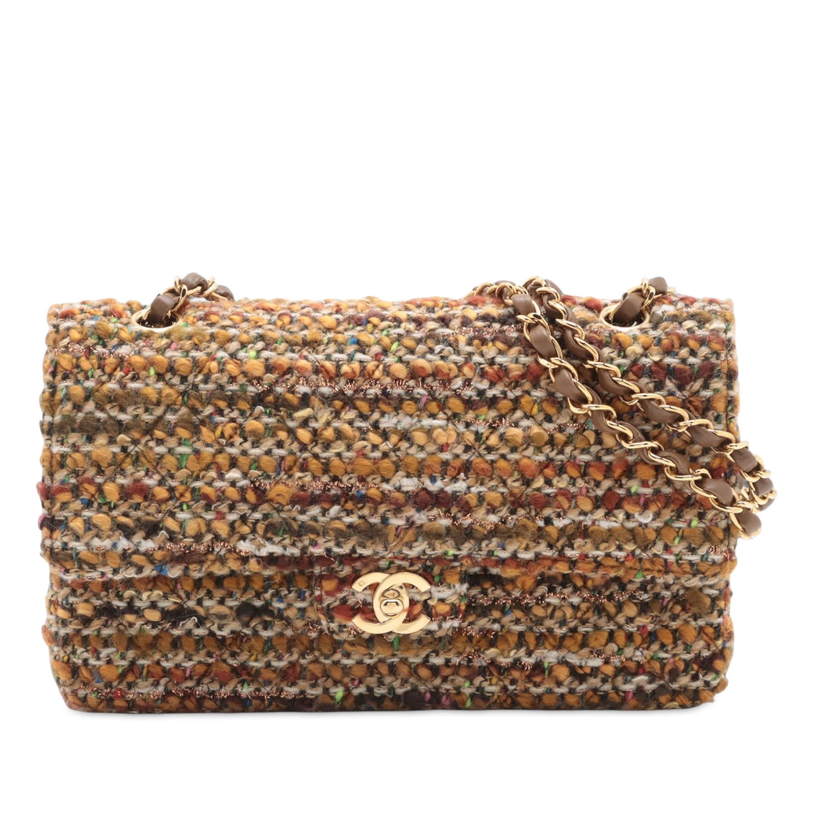 Chanel Medium Classic Tweed Double Flap Shoulder Bag with CC Turn Lock: Chanel Medium Classic Tweed Double Flap Shoulder Bag with CC Turn Lock This Chanel Medium Classic Tweed Double Flap shoulder bag features a brown tweed body with leather-woven chain straps and double