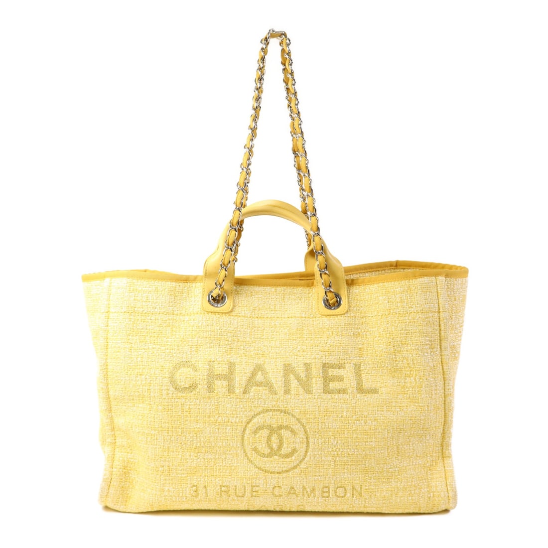 CHANEL Deauville Tote Bag Yellow Canvas with SHW: CHANEL Deauville Tote Bag Yellow Canvas with SHW This CHANEL Deauville Tote Bag is a stylish and versatile accessory, perfect for everyday use. Crafted from durable yellow canvas, this 2-way shoulder
