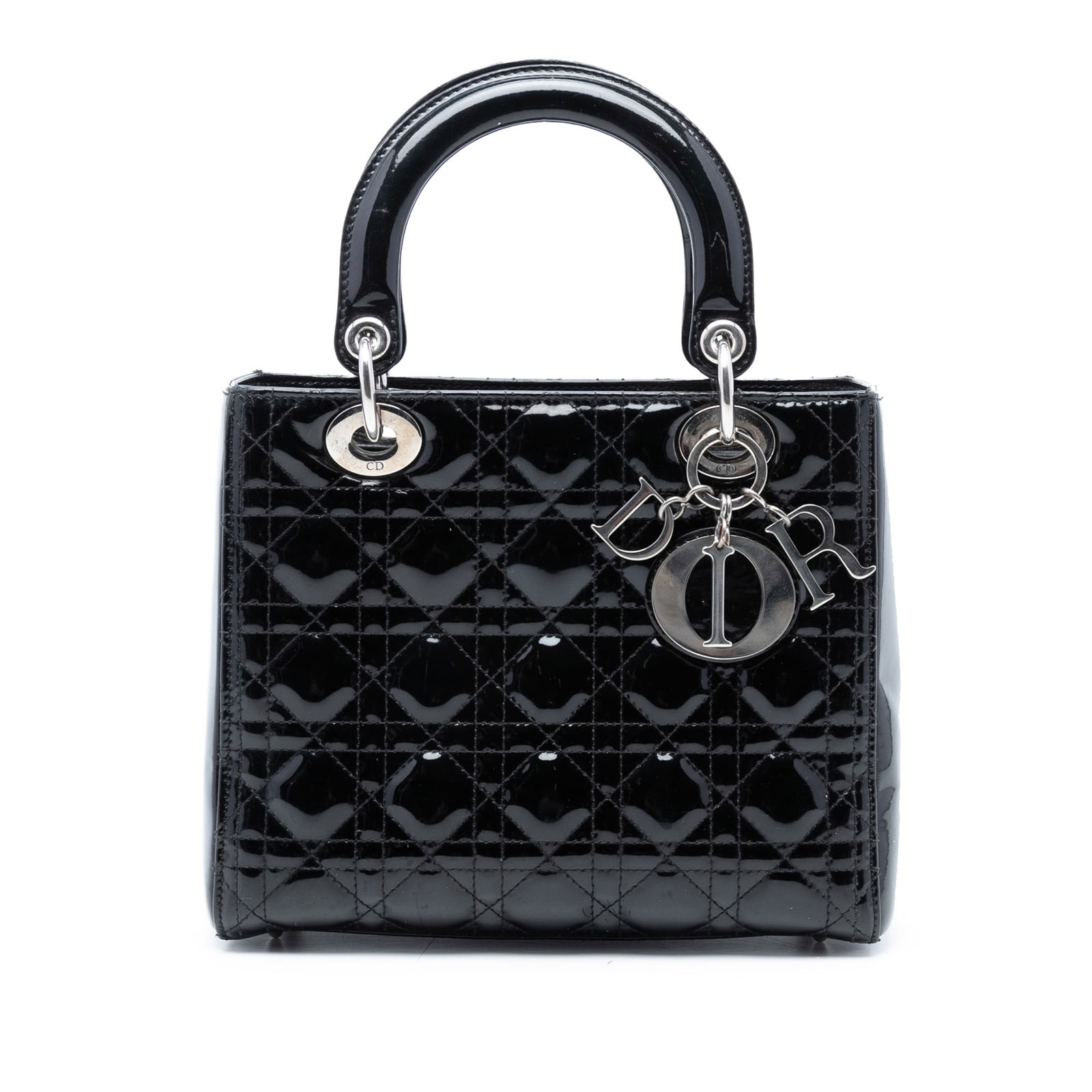 Dior Medium Patent Cannage Lady Dior Black Leather Bag: Dior Medium Patent Cannage Lady Dior Black Leather Bag The Medium Patent Cannage Lady Dior bag showcases a sophisticated quilted patent leather construction with elegant flat leather top handles. It f