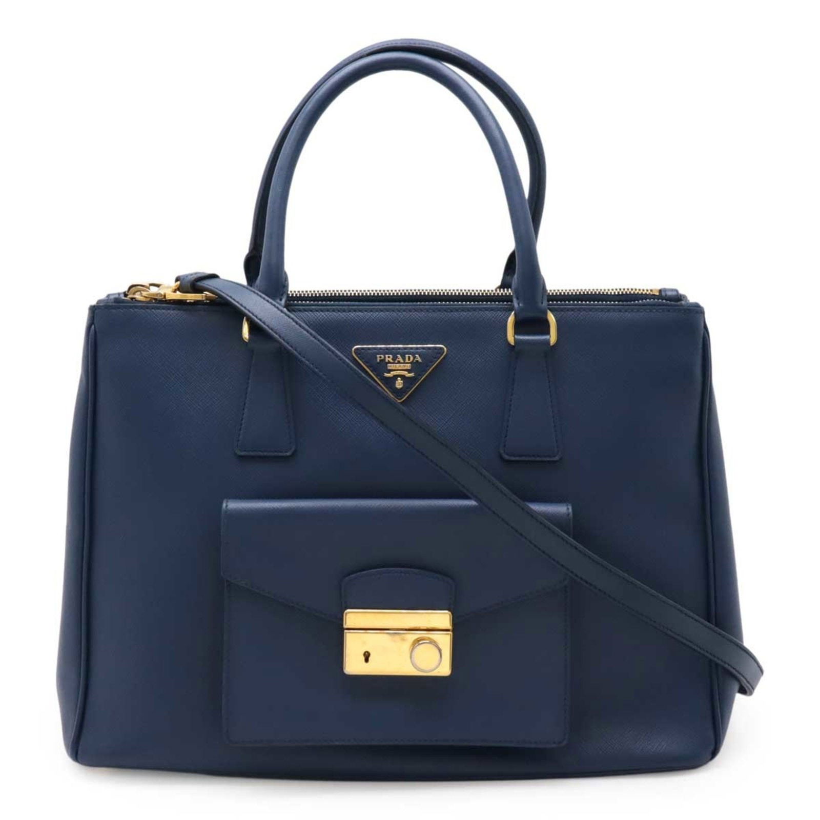 Prada Galleria Blue Leather Handbag with Gold Tone Hardware: Prada Galleria Blue Leather Handbag with Gold Tone Hardware This Prada Galleria handbag features a sophisticated blue leather exterior with gold-tone hardware. Designed for women, the bag is crafted i