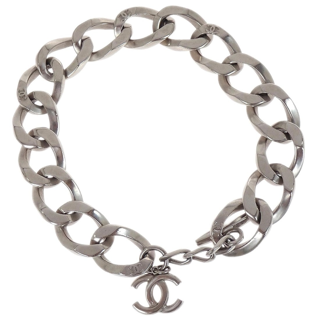 Silver Chain Necklace from Chanel CC Collection B13K: Silver Chain Necklace from Chanel CC Collection B13K This Chanel CC silver chain necklace features a classic chain style in a silver tone. Crafted in Italy, it showcases the iconic CC logo and offers
