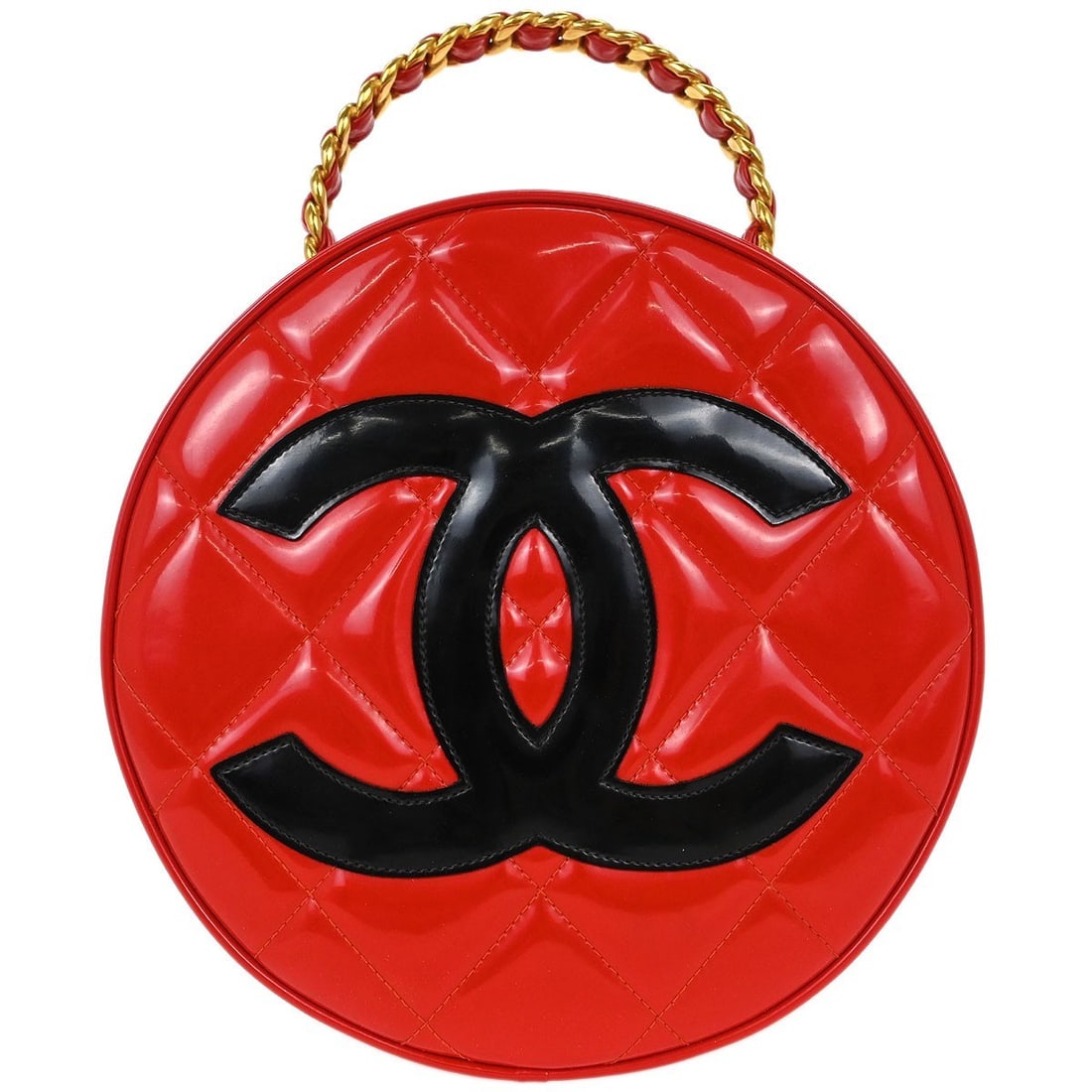 Chanel Red Patent Leather Quilted Vanity Handbag with Chain Strap: Chanel Red Patent Leather Quilted Vanity Handbag with Chain Strap This stunning Chanel round vanity handbag is crafted from luxurious red patent leather, featuring a classic matelasse pattern. Designe