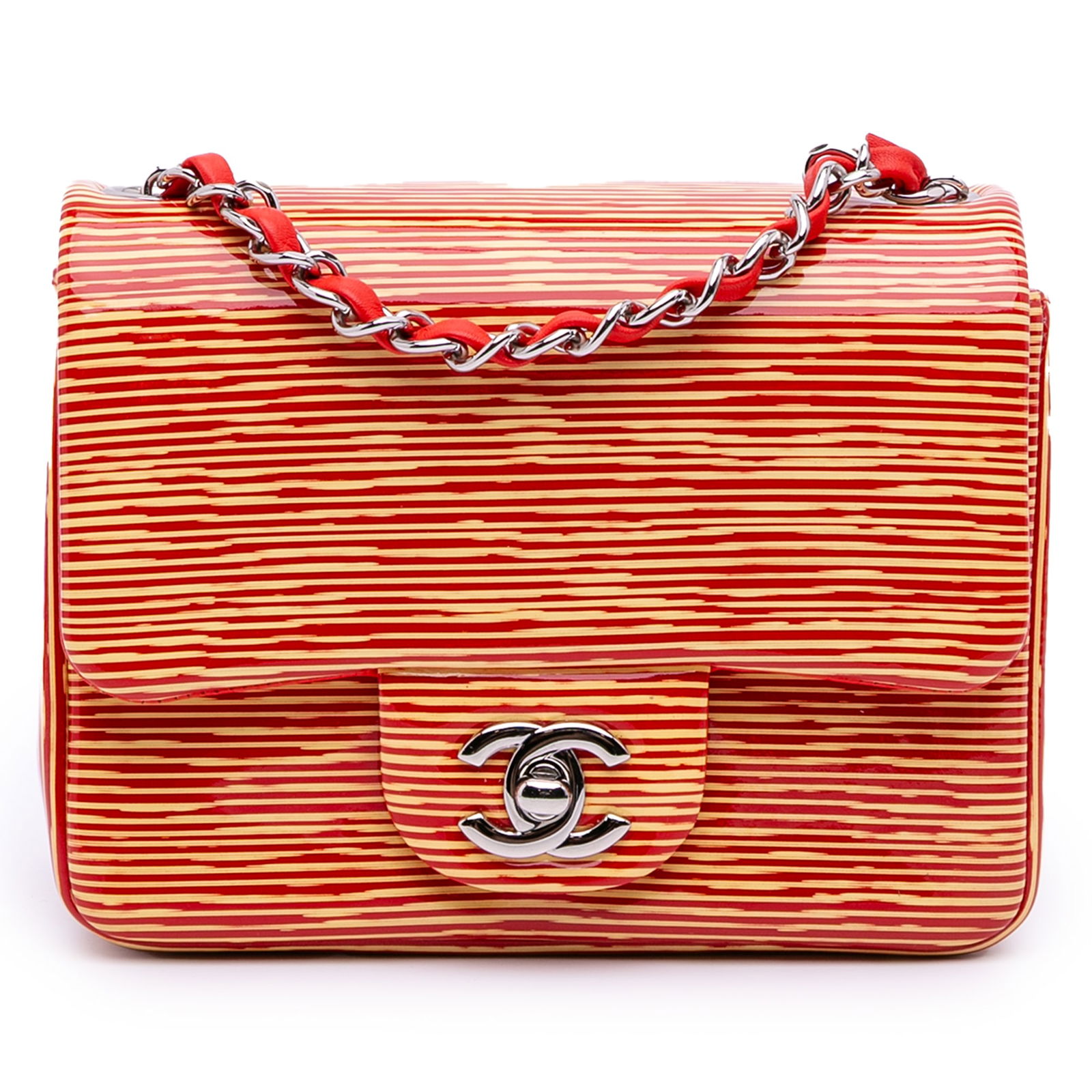 Chanel Mini Square Classic Flap Patent Leather Bag Orange: Chanel Mini Square Classic Flap Patent Leather Bag Orange This Chanel Mini Square Classic Patent Striped Single Flap bag is a stunning accessory crafted from high-quality patent leather in a vibrant o