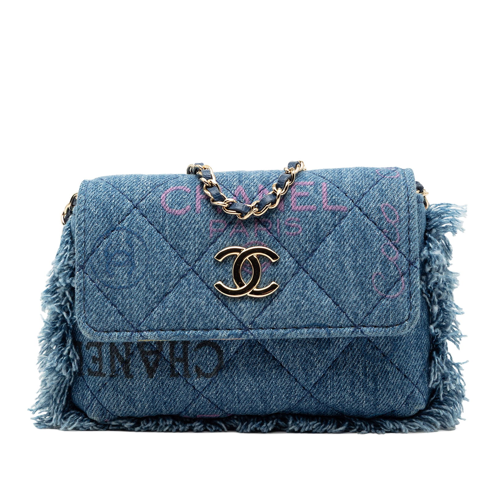 Fringe Denim Mood Crossbody Bag with Chain Strap by Chanel: Fringe Denim Mood Crossbody Bag with Chain Strap by Chanel This Chanel Fringe Denim Mood Clutch with Chain features a quilted blue denim body with fringe accents, complemented by a leather-woven chain