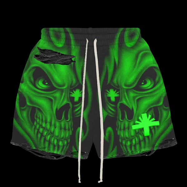 Green Skull Storm Graphic Distressed Black Shorts by Vertabrae: Green Skull Storm Graphic Distressed Black Shorts by Vertabrae These Vertabrae Green Skull Storm distressed black shorts feature an authentic design with eye-catching green skull graphics. Made for co
