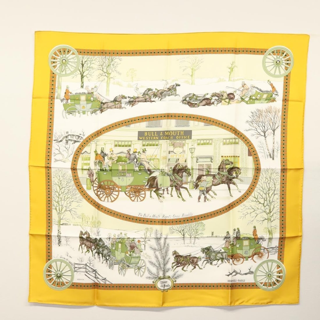 HERMES Carre 90 Silk Scarf BULL&MOUTH WESTERN COACH OFFICE Yellow: HERMES Carre 90 Silk Scarf BULL&MOUTH WESTERN COACH OFFICE Yellow Elevate your accessory collection with this exquisite HERMES Carre 90 Scarf, featuring a unique "BULL&MOUTH WESTERN COACH OFFICE" desi