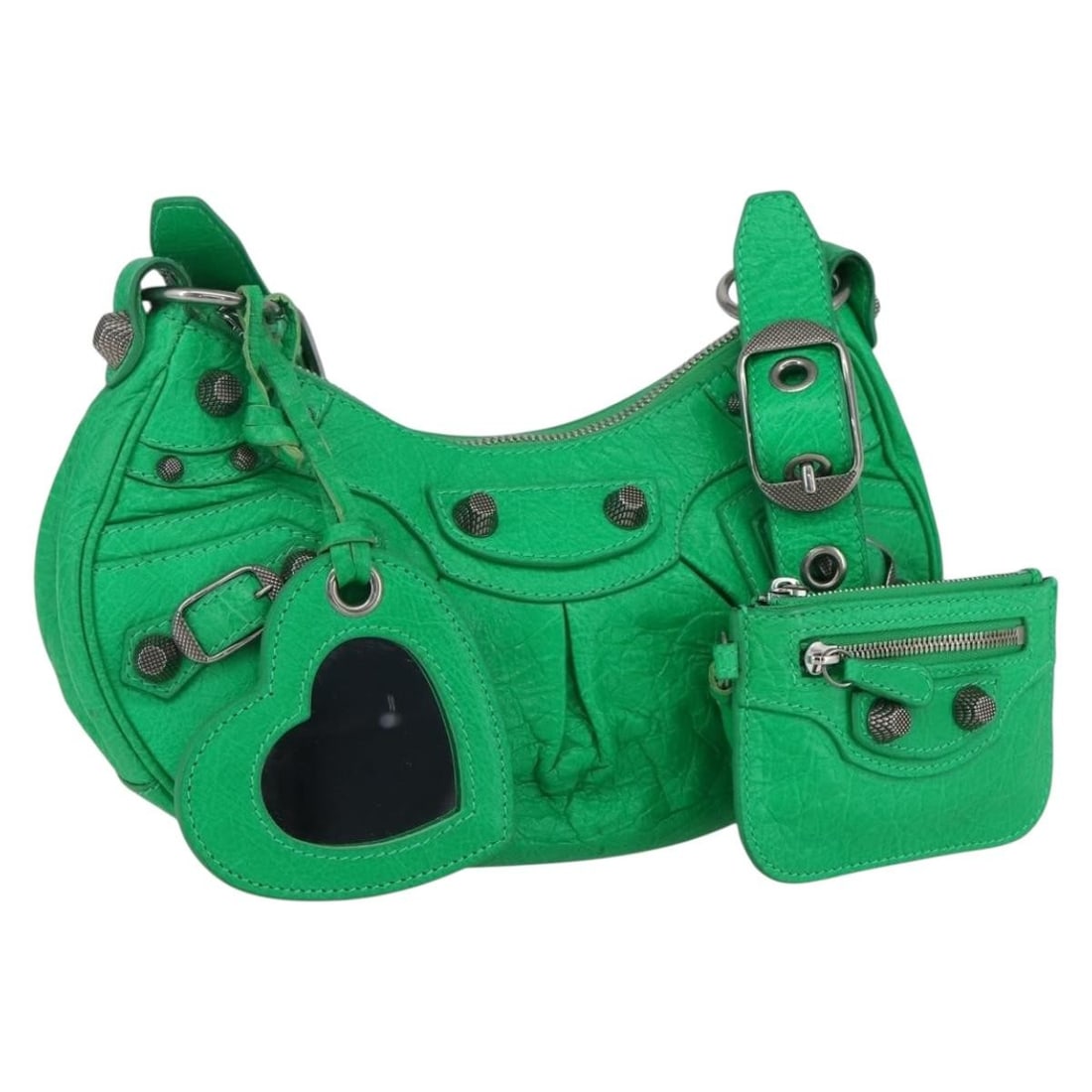 BALENCIAGA Luca Goal XS Leather Shoulder Bag Green Silver Auth 671309: BALENCIAGA Luca Goal XS Leather Shoulder Bag Green Silver Auth 671309 Introducing the BALENCIAGA Luca Goal XS Shoulder Bag, a stunning blend of style and functionality. Crafted in Italy from high-qual