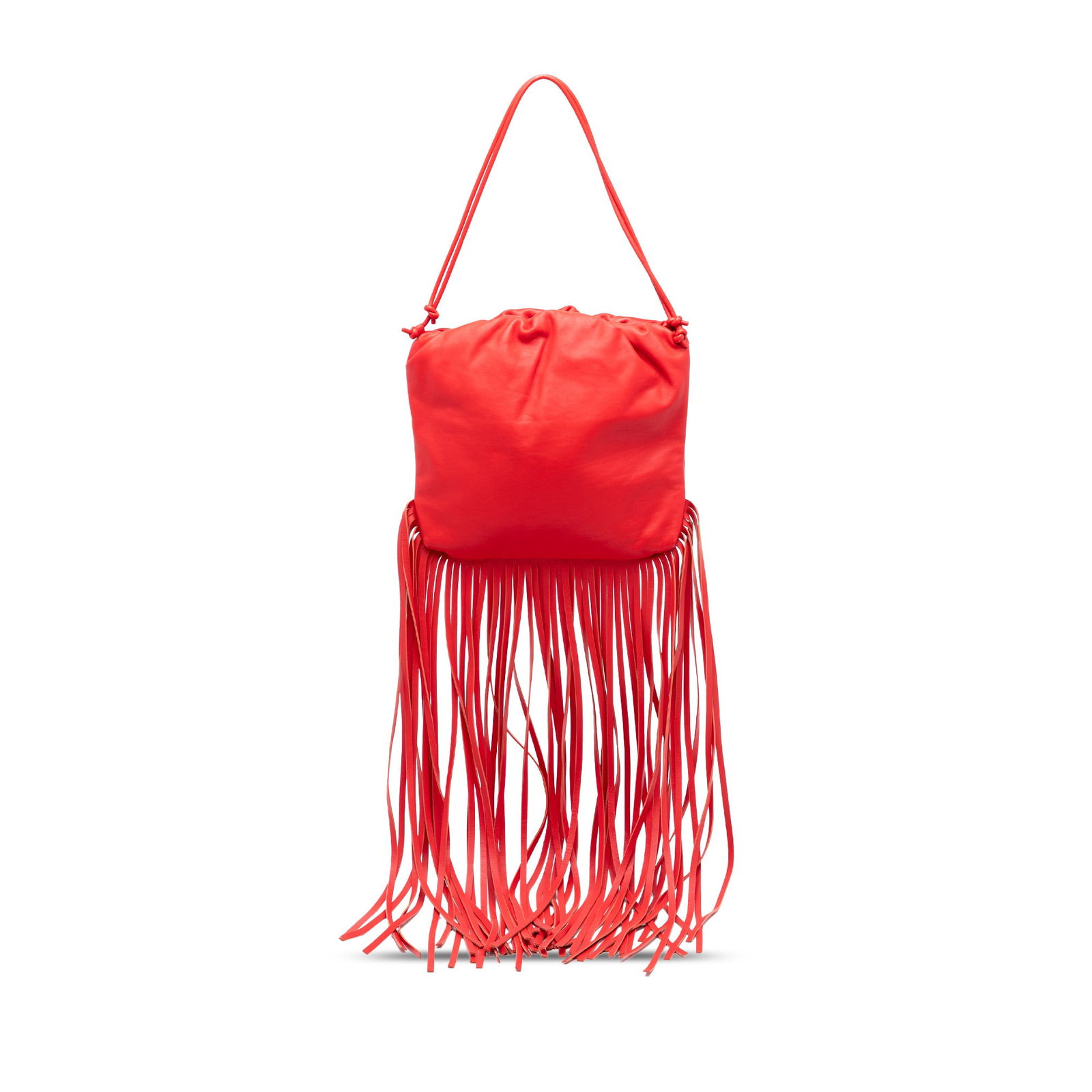 Bottega Veneta Leather Fringe Pouch Bag Red: Bottega Veneta Leather Fringe Pouch Bag Red This Bottega Veneta Nappa The Fringe Pouch features a red leather body with fringe detailing, rolled leather straps, an open top with snap closure, and inte