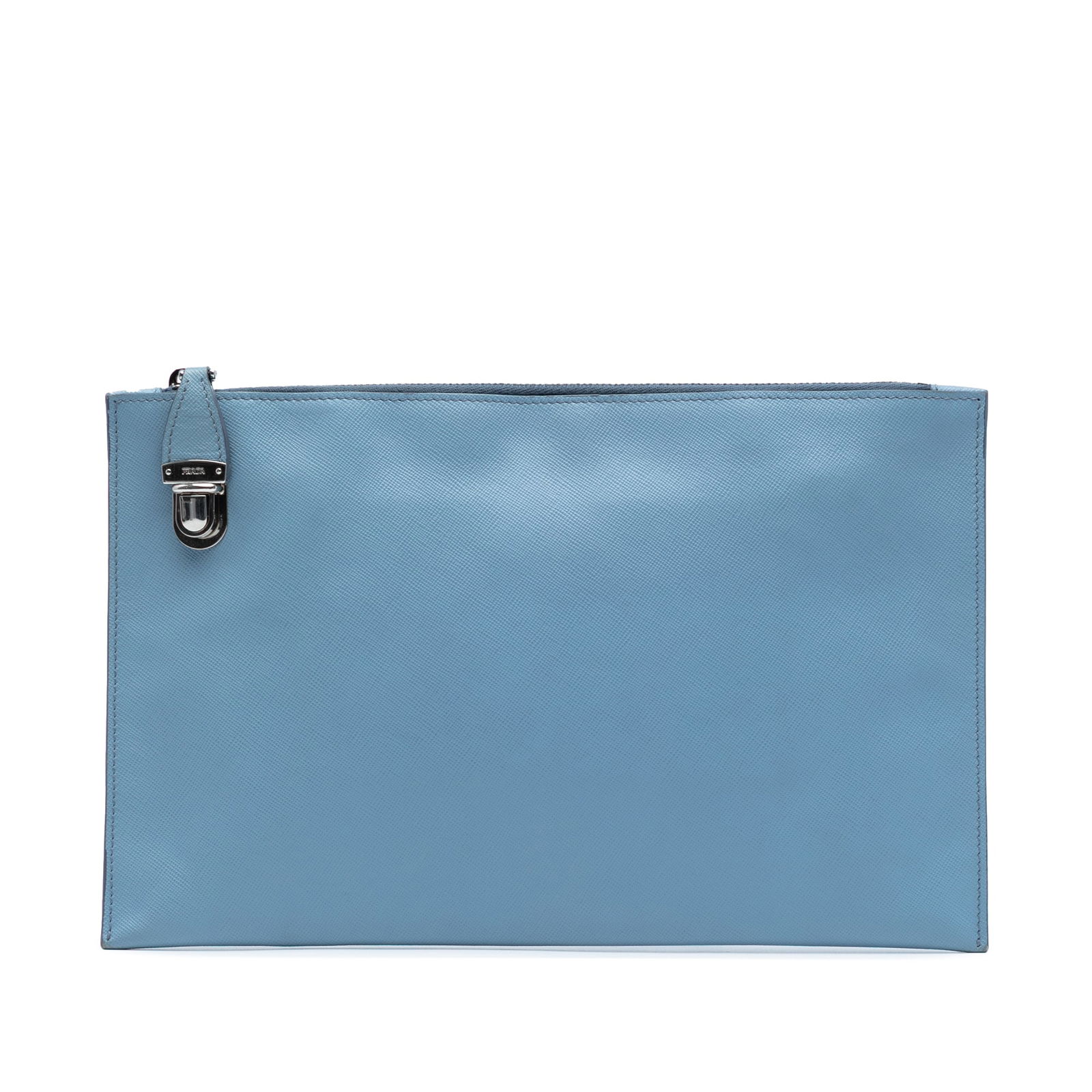 Prada Saffiano Lux Blue Leather Zip Clutch Bag: Prada Saffiano Lux Blue Leather Zip Clutch Bag The Prada Saffiano Lux Zip Clutch is an elegant accessory crafted from premium saffiano leather. This stylish clutch features a secure top zip closure wi