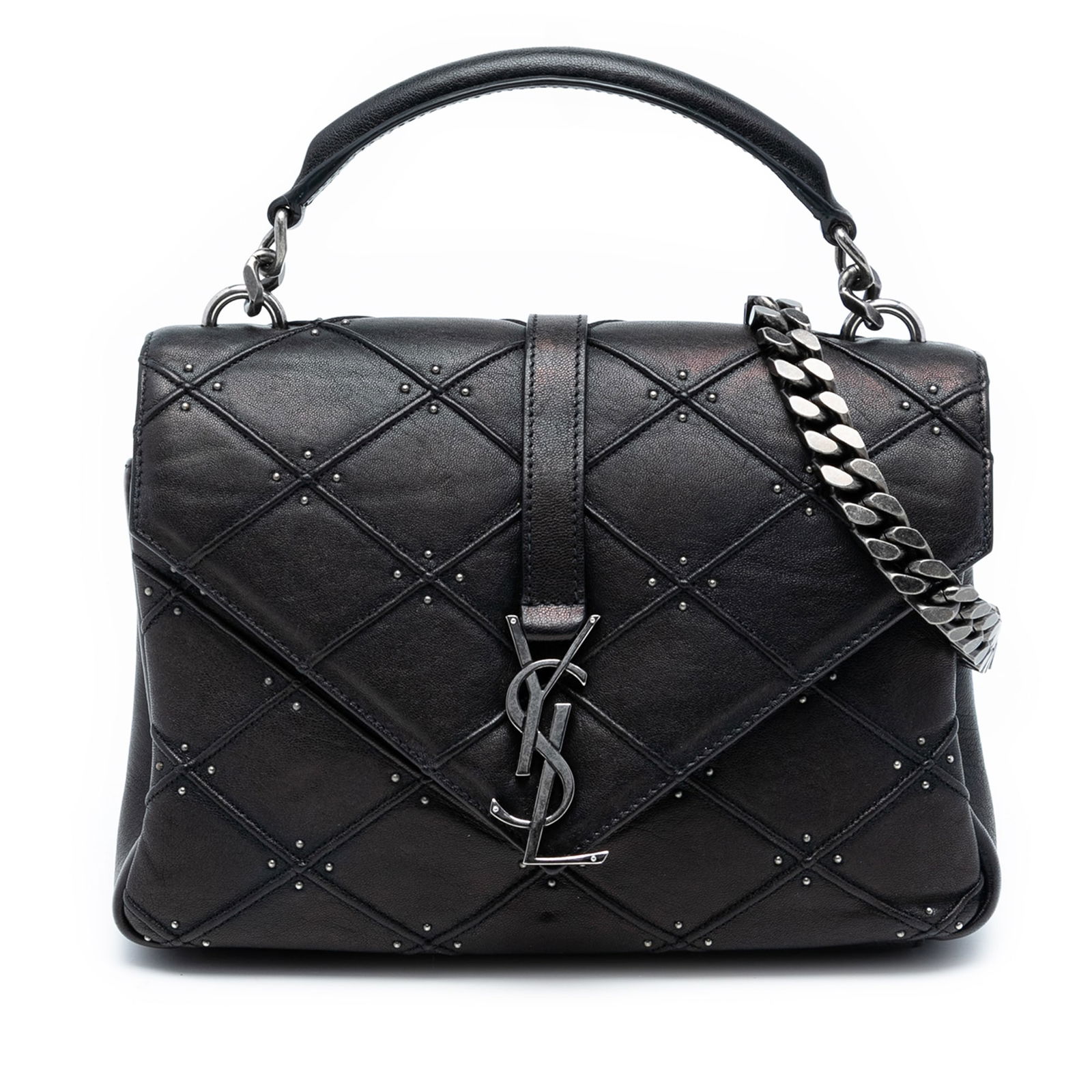Saint Laurent College Studded Iridescent Quilted Leather Medium Satchel Bag: Saint Laurent College Studded Iridescent Quilted Leather Medium Satchel Bag This Saint Laurent Medium Quilted Diamond Iridescent Calfskin Monogram Studded College Satchel features a quilted leather bo