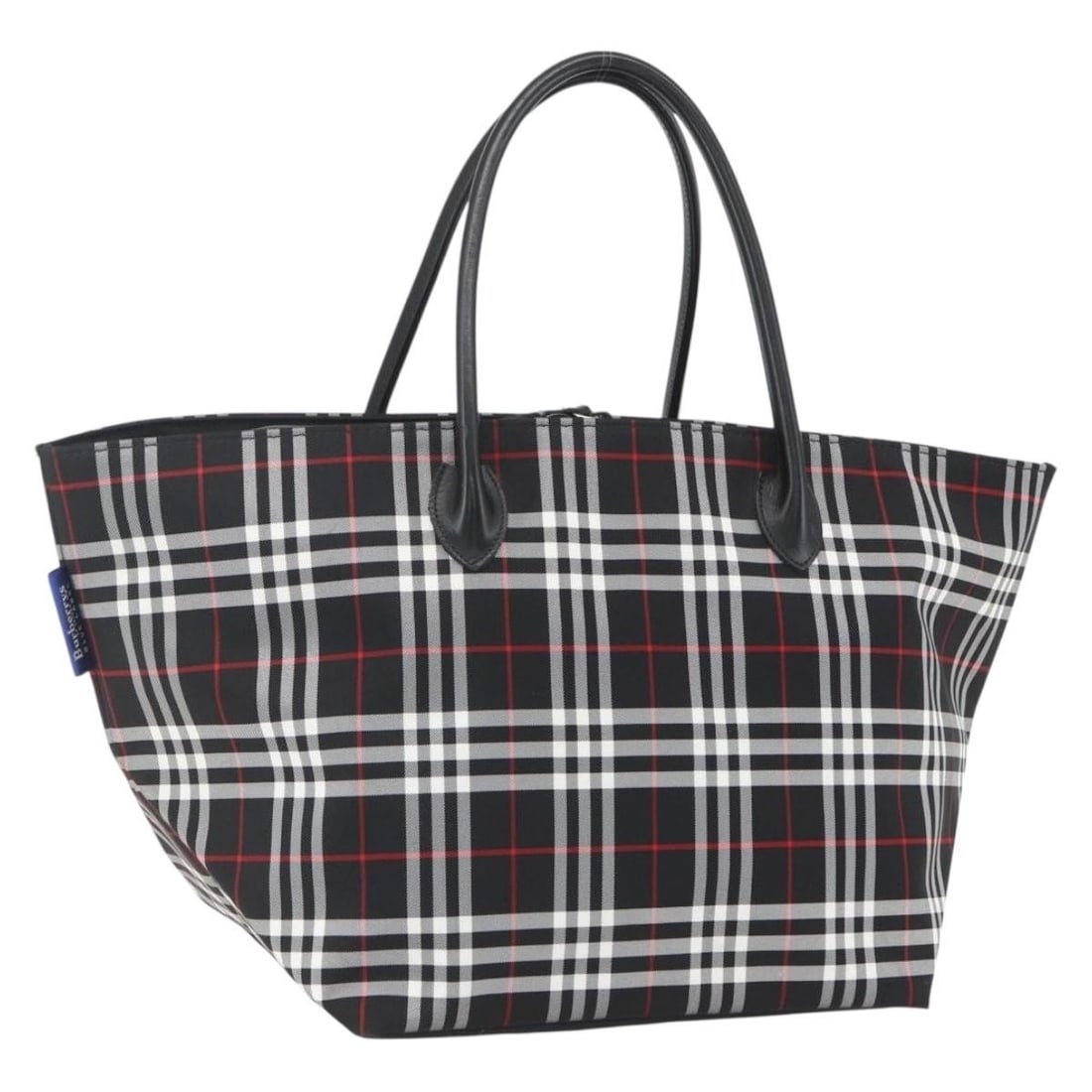 Burberrys Black Nylon Tote Bag with Nova Check Pattern Silver Accents: Burberrys Black Nylon Tote Bag with Nova Check Pattern Silver Accents This Burberrys Nova Check tote bag features a black and silver nylon exterior with the signature Nova Check pattern. The tote has