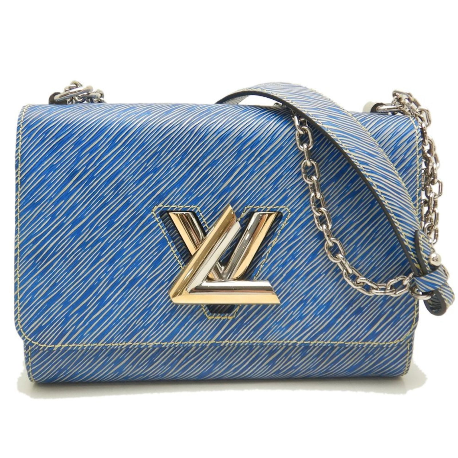 Blue Leather Louis Vuitton Twist Bag 17cm x 23cm x 9.5cm: Blue Leather Louis Vuitton Twist Bag 17cm x 23cm x 9.5cm This Louis Vuitton Twist bag features a blue leather exterior with a modern silhouette. Designed for women, it offers a practical yet stylish a