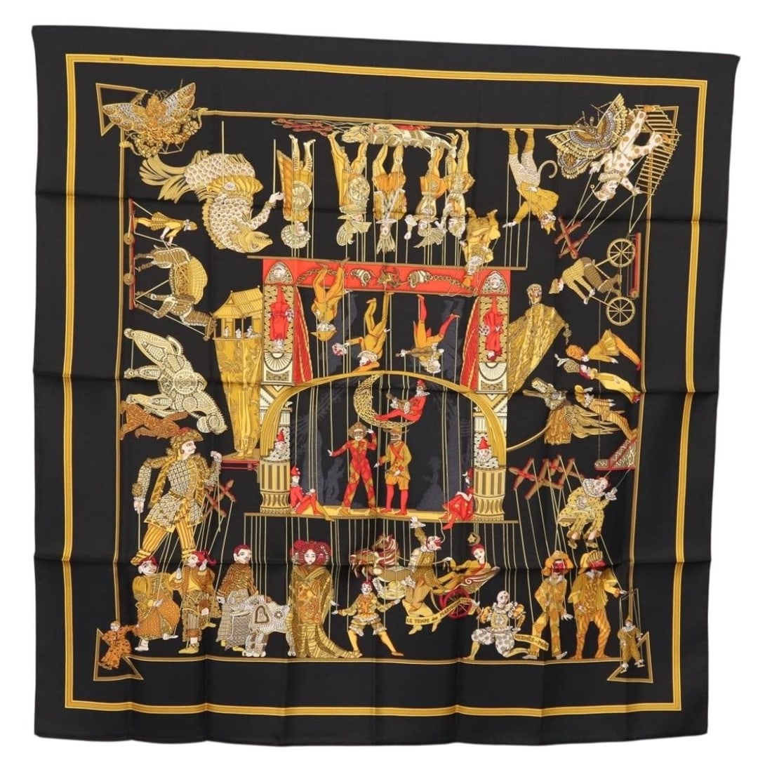 HERMES 90cm Silk Scarf LE TEMPS des MARIONNETTES Black Authentic: HERMES 90cm Silk Scarf LE TEMPS des MARIONNETTES Black Authentic This exquisite HERMES Carre 90 Scarf, titled "LE TEMPS des MARIONNETTES," is a luxurious accessory crafted in France from high-quality