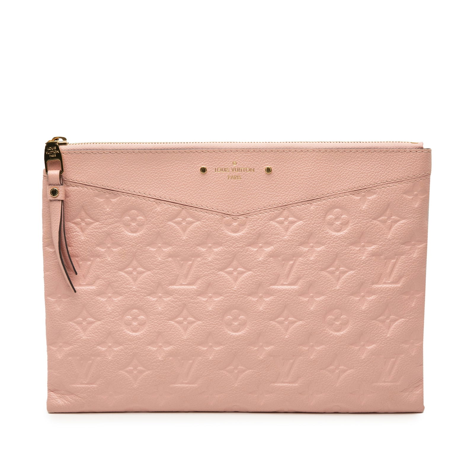 Louis Vuitton Empreinte Leather Daily Pouch in Pink Monogram: Louis Vuitton Empreinte Leather Daily Pouch in Pink Monogram This Louis Vuitton Monogram Empreinte Daily Pouch features a pink monogram-embossed leather exterior, a top zip closure, and an interior sl