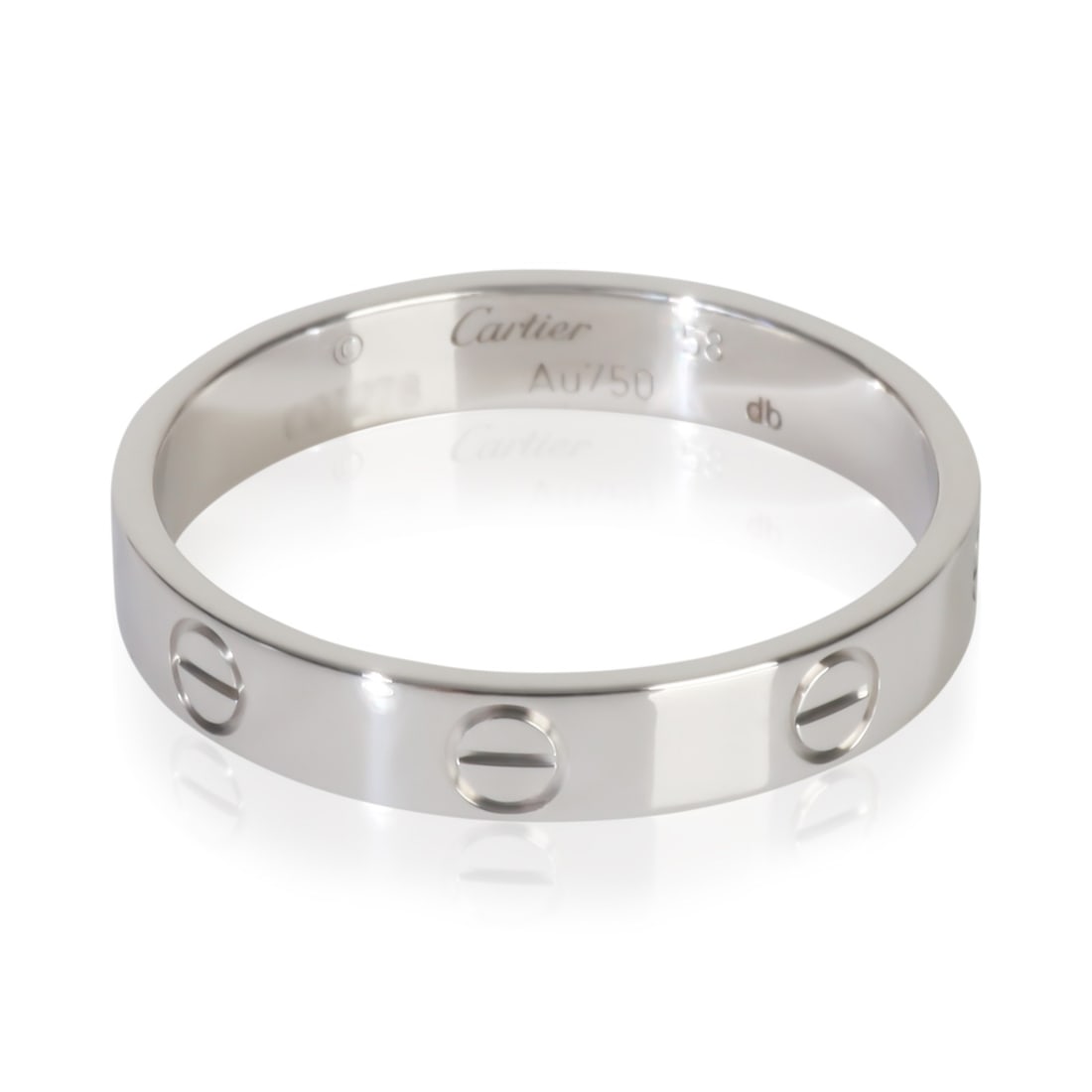 Cartier Love Small Model 18k White Gold Unisex Ring Size 8.25: Cartier Love Small Model 18k White Gold Unisex Ring Size 8.25 This pre-owned Cartier Small Model Love Ring is crafted from 18k white gold and features a timeless unisex design. The ring does not inclu