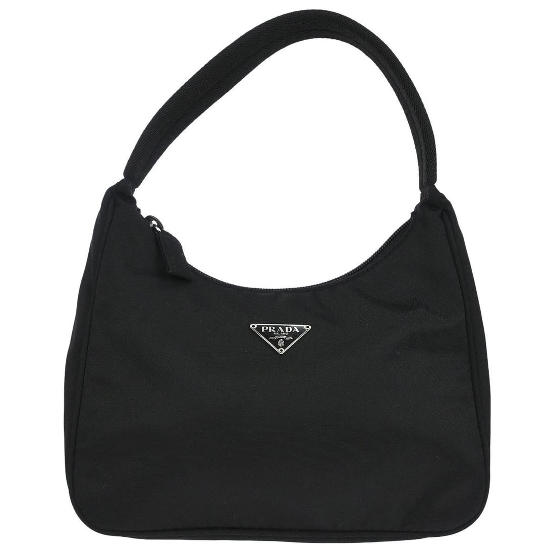 Prada Small Black Nylon Top Handle Bag with Logo Accent: Prada Small Black Nylon Top Handle Bag with Logo Accent This Prada top handle bag is crafted from black nylon and features the brand's signature logo accent. Designed in a small size, it is ideal for