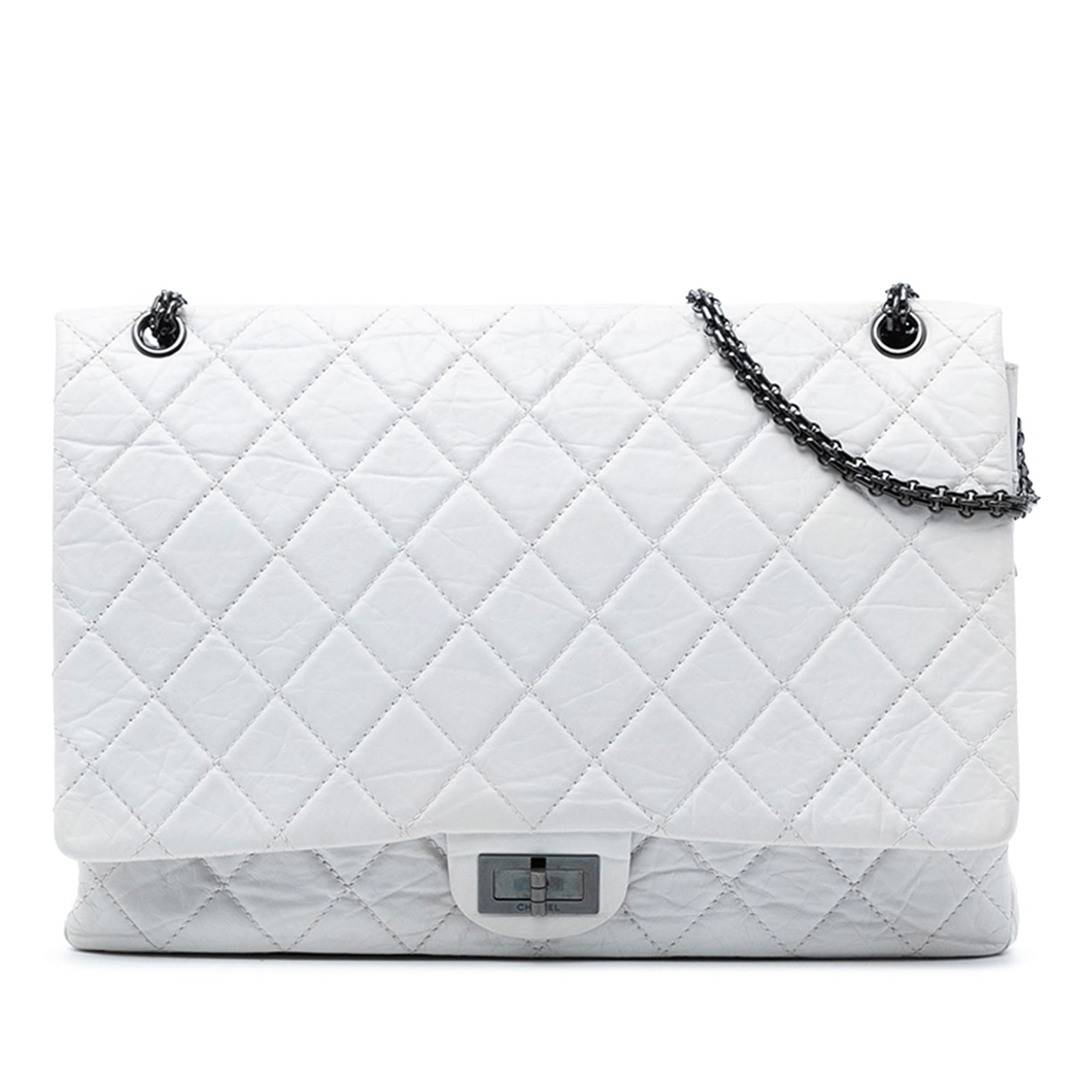 White Chanel Maxi Reissue 2.55 Quilted Aged Calfskin Shoulder Bag: White Chanel Maxi Reissue 2.55 Quilted Aged Calfskin Shoulder Bag This Chanel Maxi Quilted Aged Calfskin Reissue 2.55 Single Flap shoulder bag features a quilted aged calfskin leather body, chain link