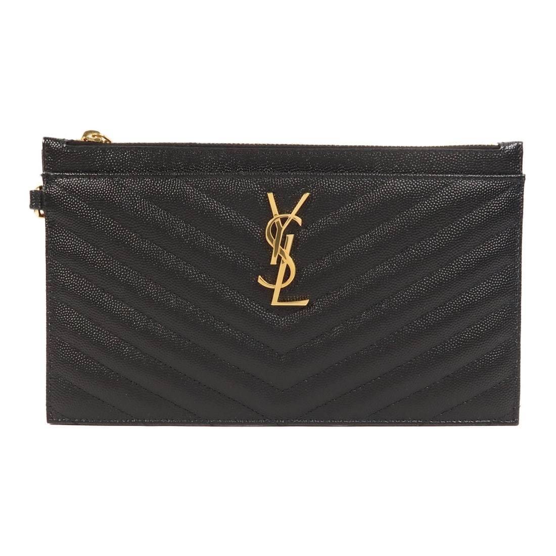 Saint Laurent Cassandre Large Black Calfskin Pouch with Gold Hardware: Saint Laurent Cassandre Large Black Calfskin Pouch with Gold Hardware This Saint Laurent Cassandre Matelasse large pouch features black calfskin leather with a textured matelasse finish. The pouch is