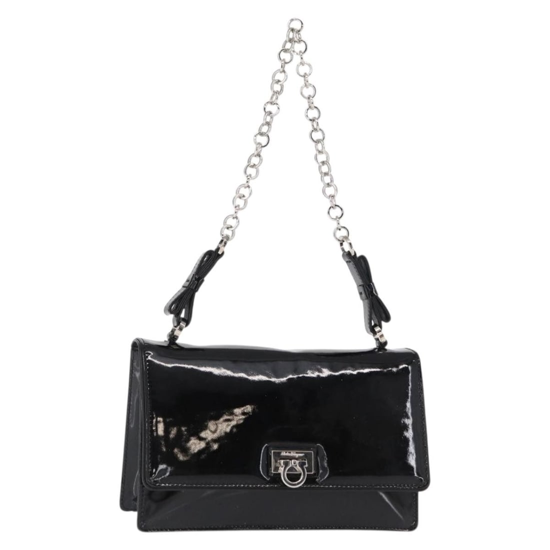 Salvatore Ferragamo Gancini Chain Shoulder Bag Black Silver Authentic: Salvatore Ferragamo Gancini Chain Shoulder Bag Black Silver Authentic This stylish Salvatore Ferragamo Chain Gancini Shoulder Bag features a sleek black and silver enamel exterior, perfect for adding