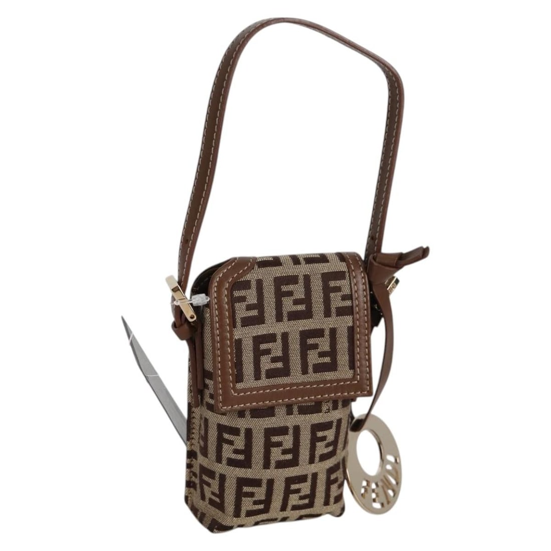 Fendi Zucchino Canvas Phone Pouch Brown Gold Italy 138859: Fendi Zucchino Canvas Phone Pouch Brown Gold Italy 138859 This authentic FENDI Zucchino Canvas Phone Pouch is a stylish and functional accessory, perfect for keeping your essentials organized. Crafted