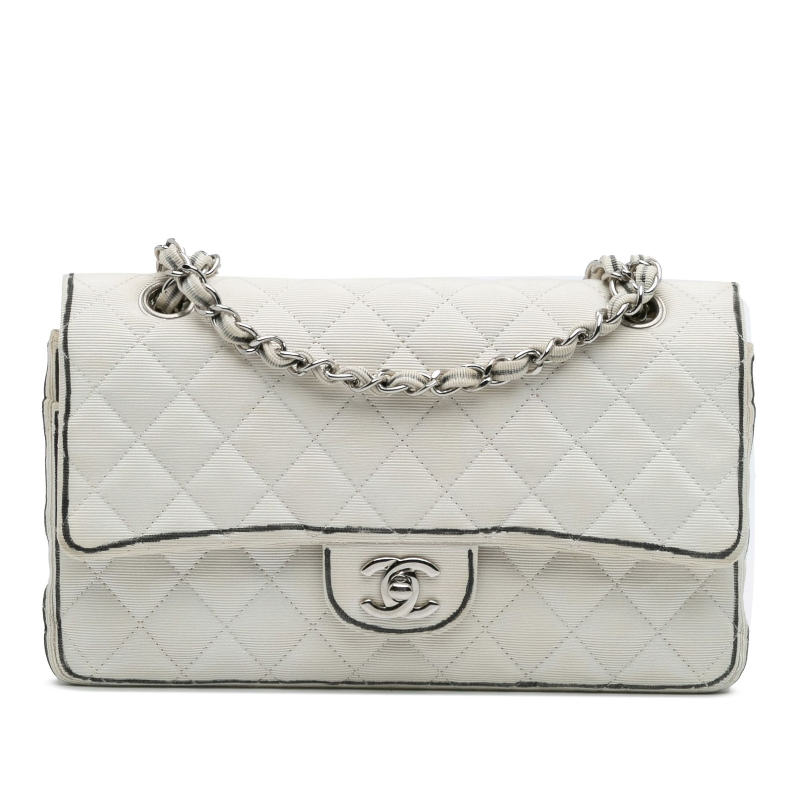 Chanel Medium Classic Printed Grosgrain Double Flap White Shoulder Bag: Chanel Medium Classic Printed Grosgrain Double Flap White Shoulder Bag This Chanel Medium Classic Printed Grosgrain Double Flap shoulder bag showcases a luxurious quilted nylon fabric body in a striki