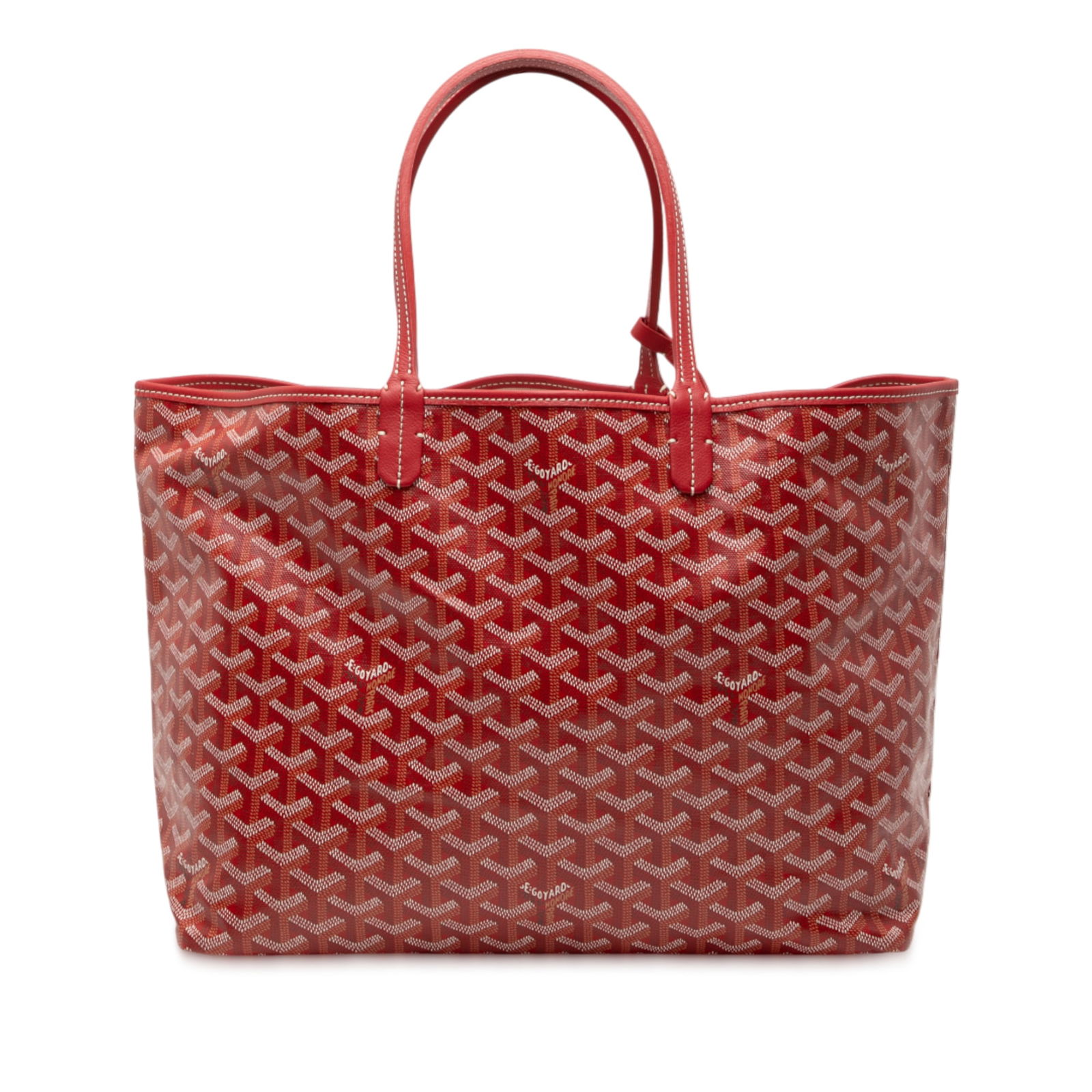 Goyard Red Saint Louis PM Tote with Pouch and Leather Trim: Goyard Red Saint Louis PM Tote with Pouch and Leather Trim The Saint Louis PM is a stylish tote featuring a coated canvas body with leather trim, flat leather straps, an open top, and an interior pouc