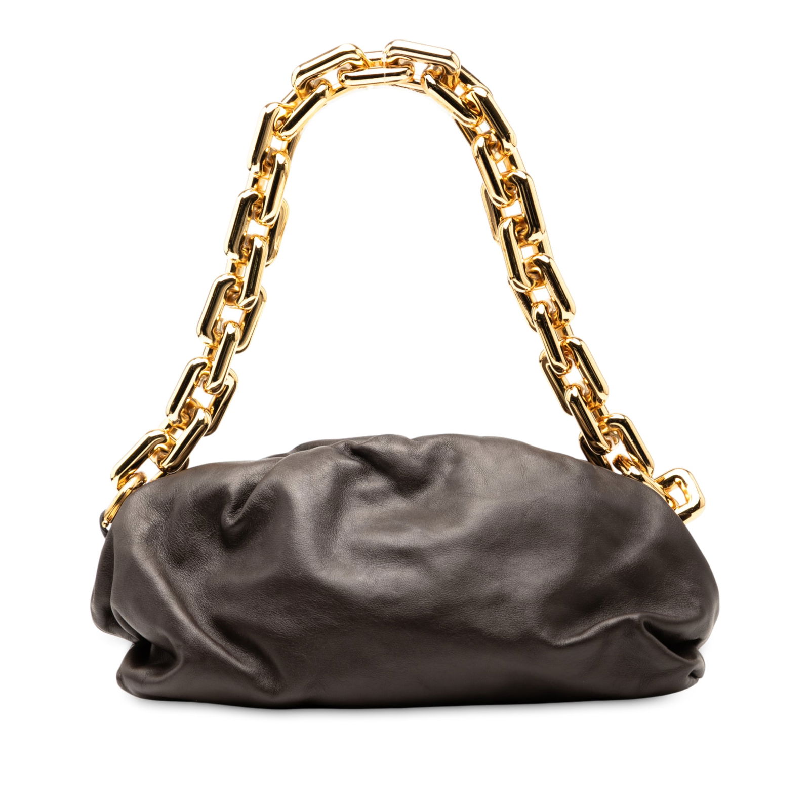 Bottega Veneta Brown Leather Chain Strap Pouch Bag: Bottega Veneta Brown Leather Chain Strap Pouch Bag This Bottega Veneta Lambskin Chain Pouch features a brown leather body, a gold-tone chain link strap, and a top magnetic frame closure. It is crafted