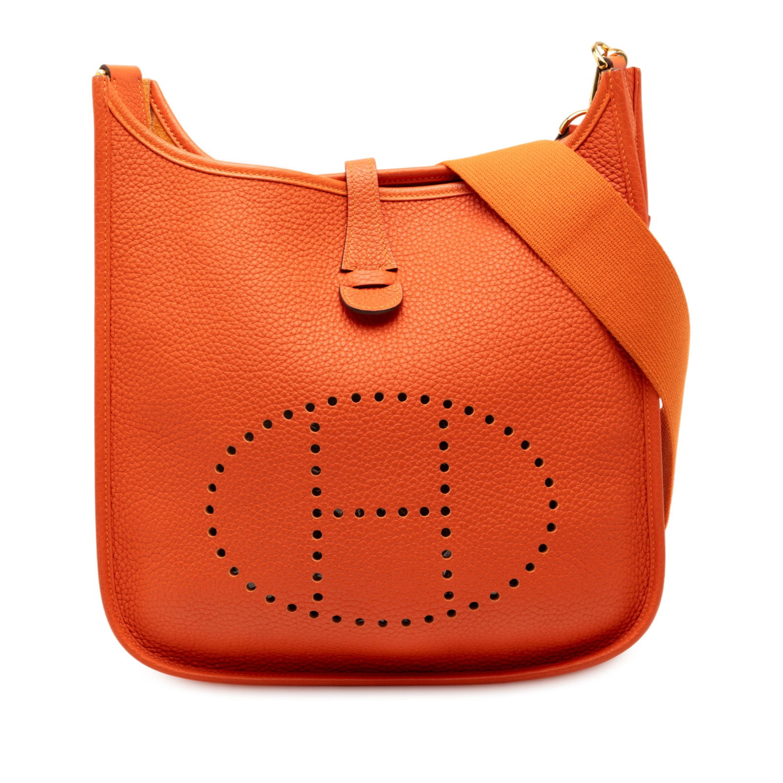 Evelyne III 29 Orange Clemence Leather Shoulder Bag with Canvas Strap: Evelyne III 29 Orange Clemence Leather Shoulder Bag with Canvas Strap The Hermes Clemence Evelyne III 29 features a Clemence leather body in Feu (orange) color. It is designed with an adjustable and d