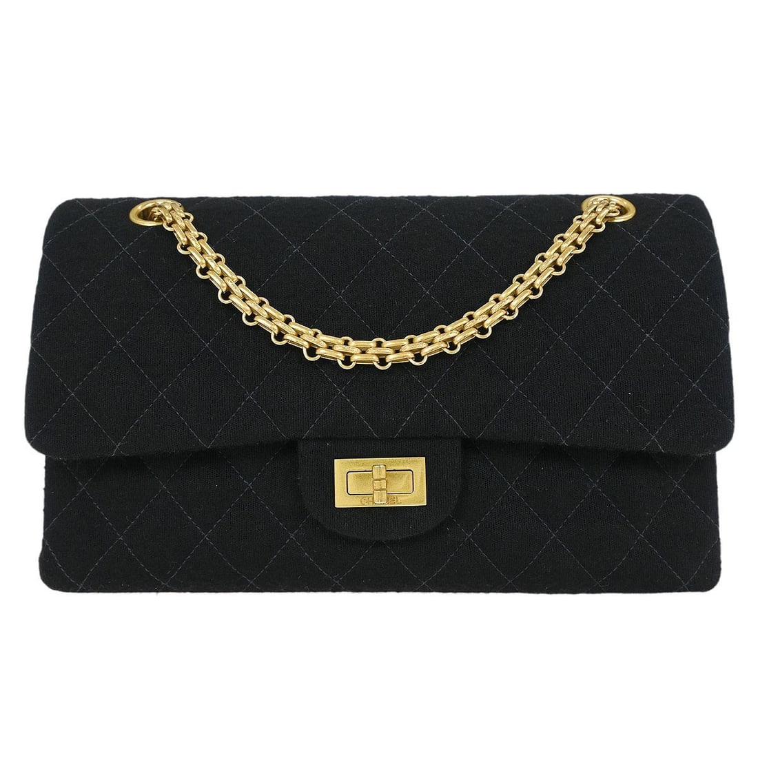 Black Cotton 2.55 Medium Classic Double Flap Shoulder Bag by Chanel: Black Cotton 2.55 Medium Classic Double Flap Shoulder Bag by Chanel This Chanel 2.55 Medium Classic Double Flap Shoulder Bag features a black cotton exterior with a signature matelasse pattern and the