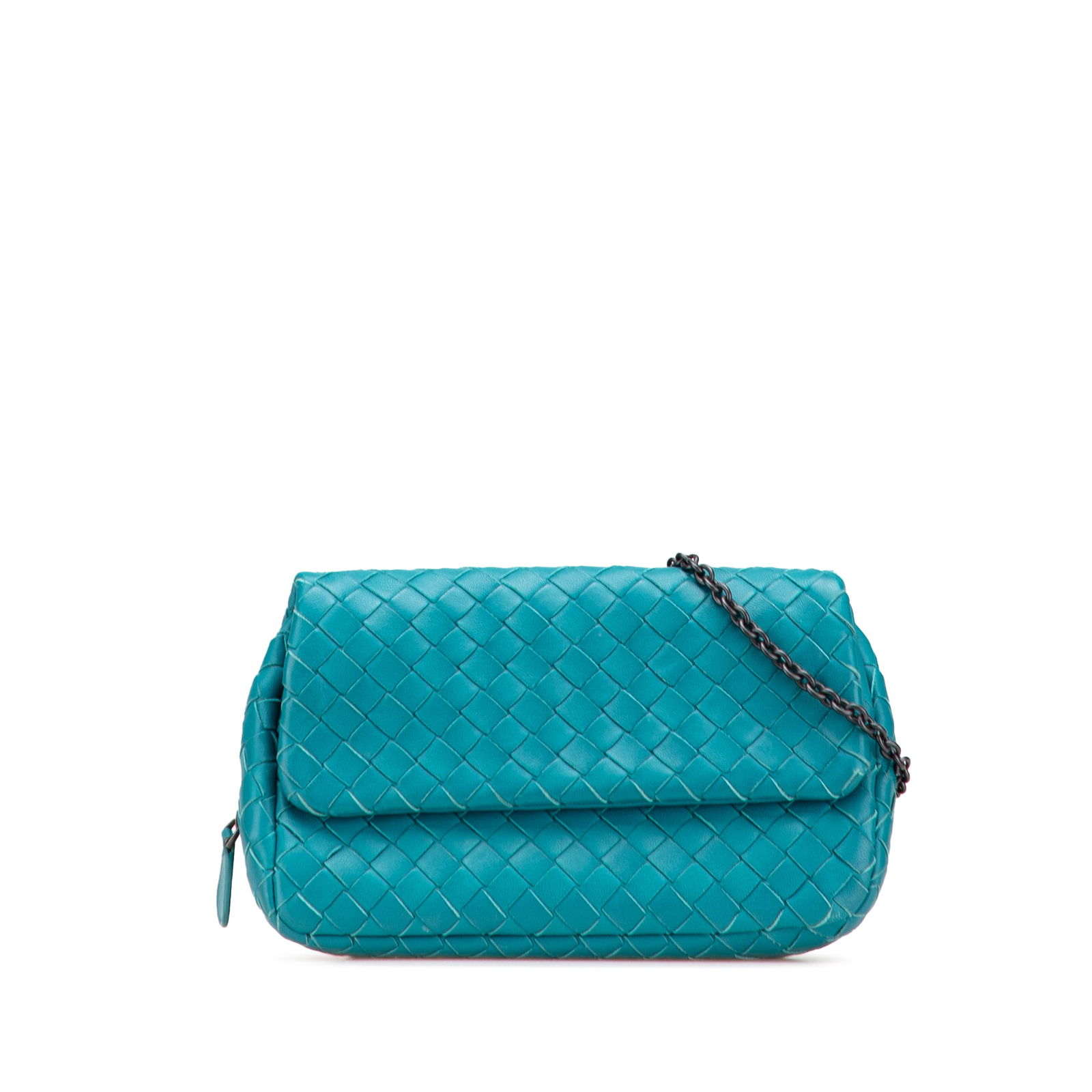 Bottega Veneta Mini Nappa Intrecciato Blue Leather Chain Crossbody: Bottega Veneta Mini Nappa Intrecciato Blue Leather Chain Crossbody This Bottega Veneta Mini Nappa Intrecciato Expandable Chain Crossbody bag is a stylish accessory crafted from high-quality woven leat