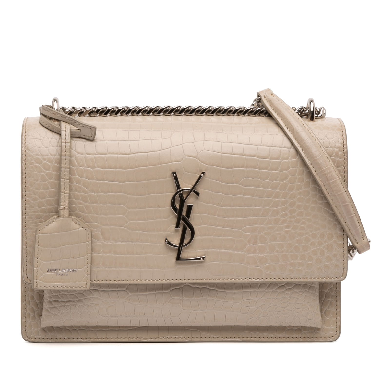 Brown Croc Embossed Leather Sunset Crossbody by Saint Laurent Medium Size: Brown Croc Embossed Leather Sunset Crossbody by Saint Laurent Medium Size This Saint Laurent Medium Croc Embossed Leather Monogram Sunset Crossbody features a brown embossed leather body, a chain link