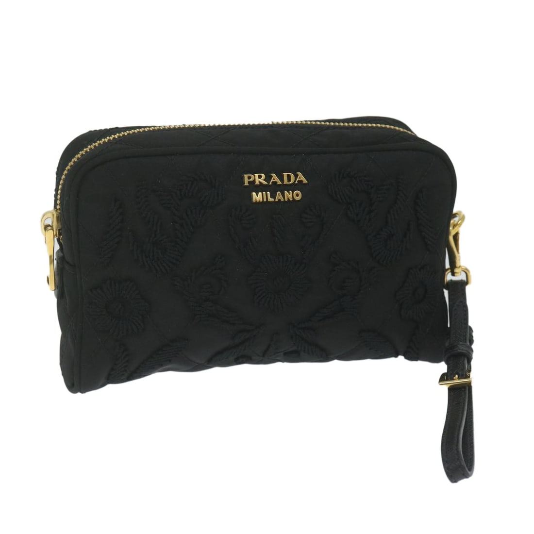 PRADA Black Nylon Embroidery Pouch Made in Italy with Guarantee Card: PRADA Black Nylon Embroidery Pouch Made in Italy with Guarantee Card This PRADA Embroidery Pouch combines elegance with practicality, crafted from high-quality nylon in a classic black color. It featu