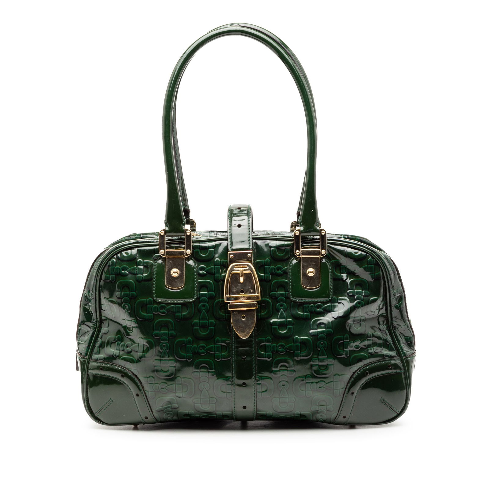Green Gucci Patent Leather Horsebit Glam Shoulder Purse with Embossed Design: Green Gucci Patent Leather Horsebit Glam Shoulder Purse with Embossed Design This Gucci Patent Horsebit Glam Shoulder Bag features embossed green patent leather with a horse bit pattern, rolled straps