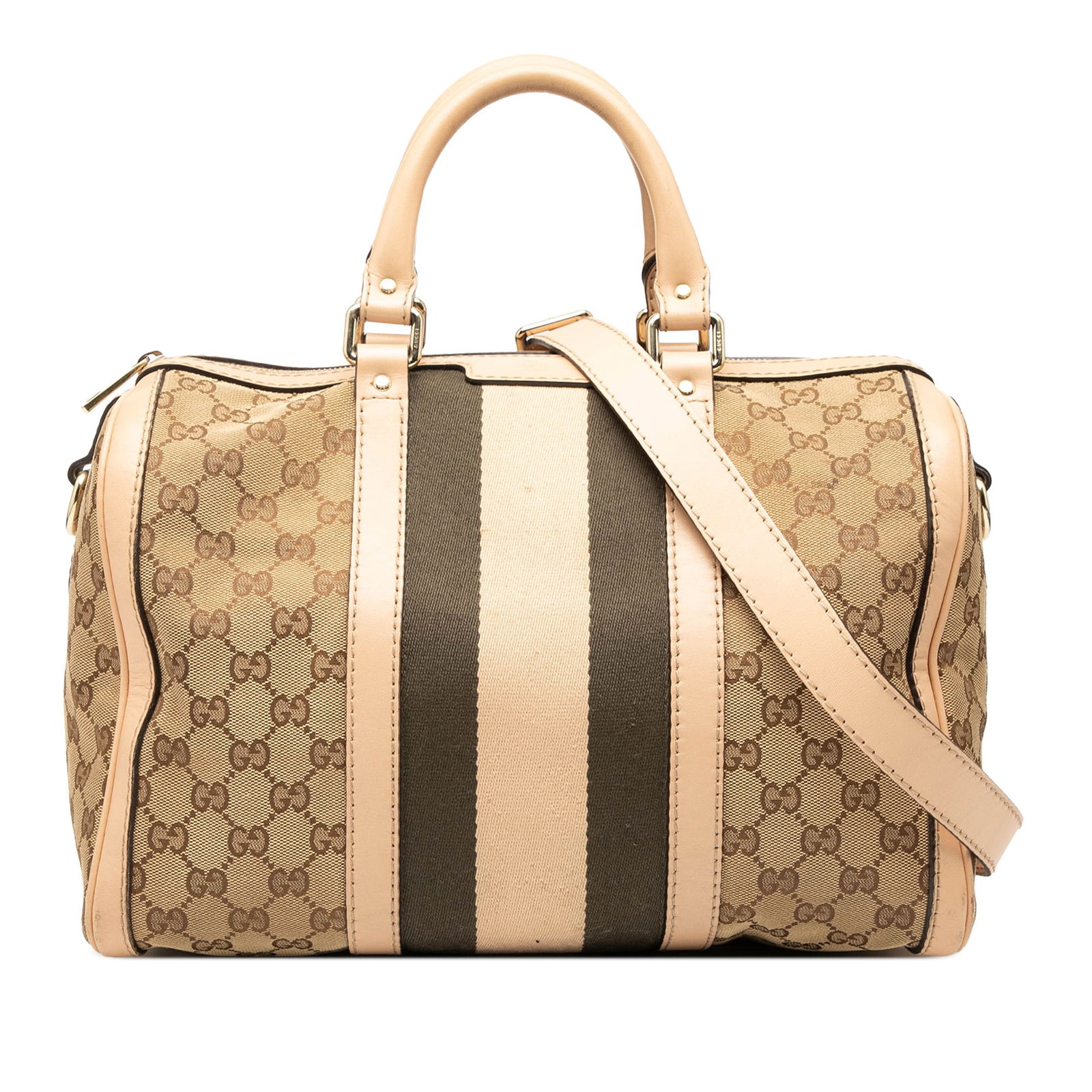 Gucci Joy Boston Medium GG Canvas Web Satchel with Leather Strap: Gucci Joy Boston Medium GG Canvas Web Satchel with Leather Strap This Gucci Medium GG Canvas Web Joy Boston Bag features a durable canvas body with leather trim and rolled leather handles. It is desig