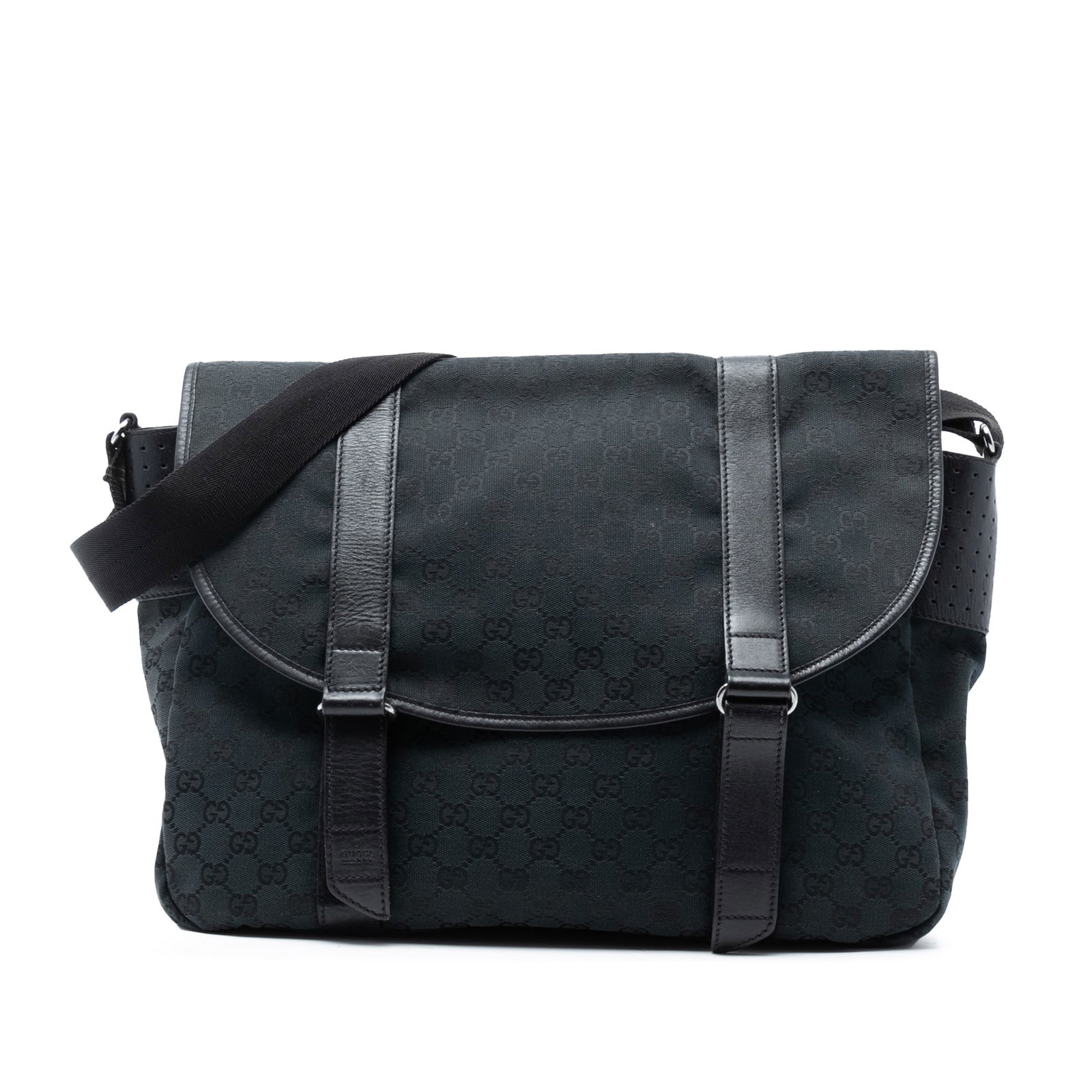 Black GG Canvas Crossbody Bag with Leather Trim by Gucci: Black GG Canvas Crossbody Bag with Leather Trim by Gucci This Gucci GG Canvas Messenger Bag features a canvas body with leather trim, an adjustable flat strap, a top flap with touch fastener closure,