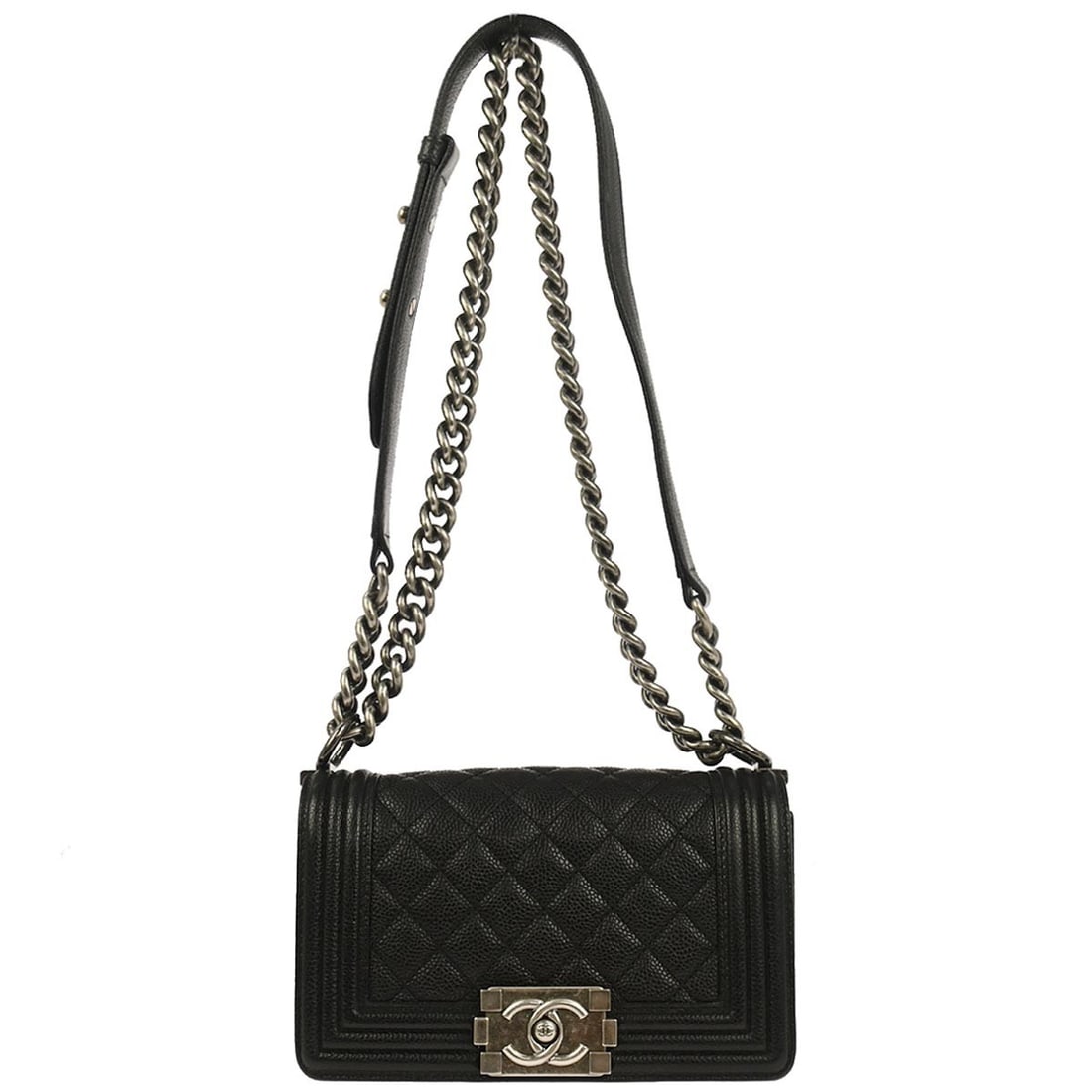 Small Boy Chanel Black Leather Mini Chain Strap Shoulder Bag: Small Boy Chanel Black Leather Mini Chain Strap Shoulder Bag This Boy Chanel small shoulder bag is crafted from black calfskin leather and features a classic chain strap and a secure clasp flap closur