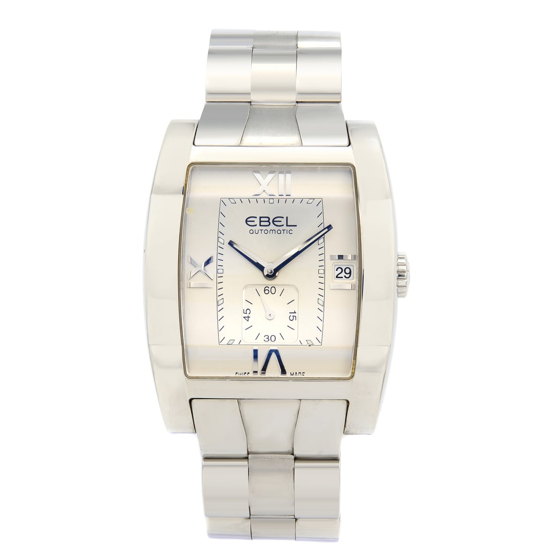 Ebel Tarawa Men's Tonneau Watch Silver Dial Automatic E9127J40: Ebel Tarawa Men's Tonneau Watch Silver Dial Automatic E9127J40 The Ebel Tarawa is a distinguished men's wristwatch that combines elegance with functionality. This dress/formal timepiece features a sle