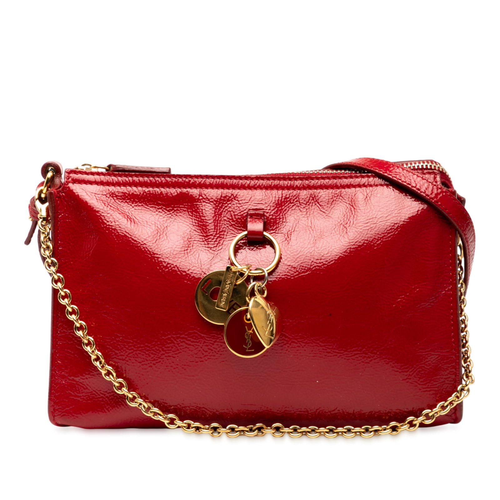 Saint Laurent Red Patent Leather Satchel with Gold Chain Handle: Saint Laurent Red Patent Leather Satchel with Gold Chain Handle This striking Saint Laurent Patent Leather Satchel showcases a vibrant red patent leather body, complemented by a chic gold tone chain h